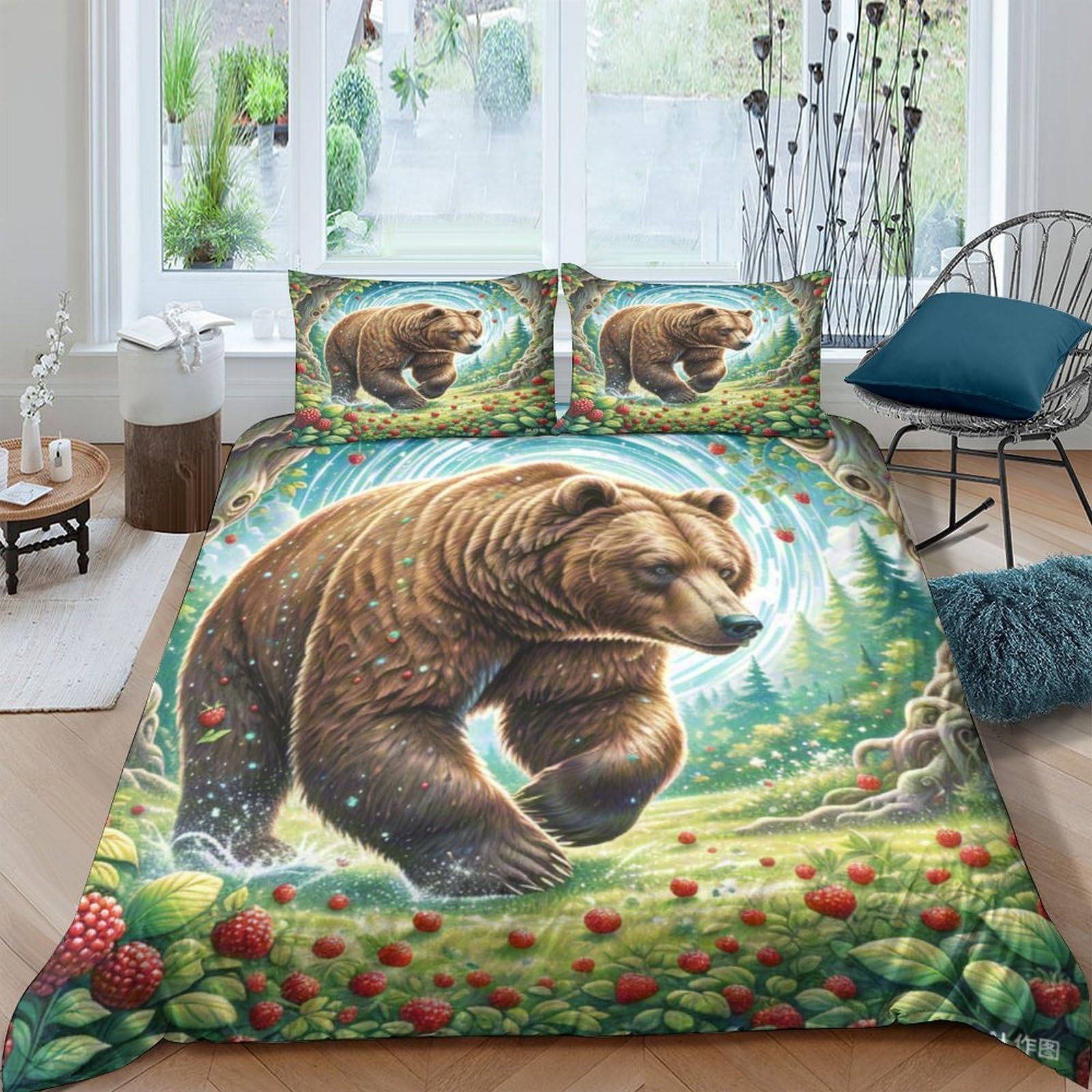 Linge de lit ours brun 3D housse de couette 200x200cm microfibre avec taie d'oreiller fermeture éclair