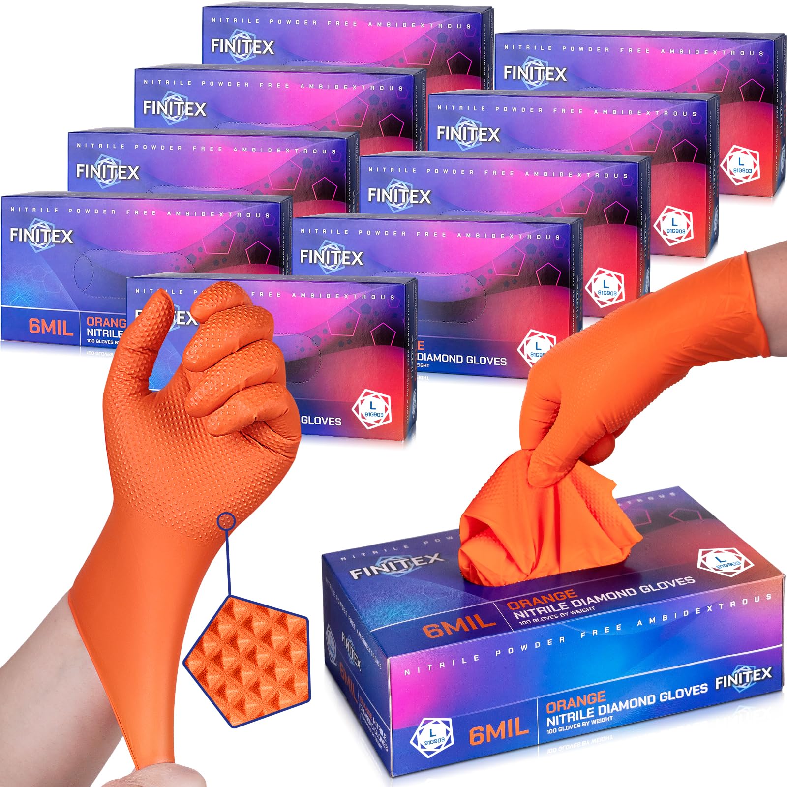 FINITEX Disposable Nitrile Orange 6.3mil Mechanic Heavy Duty Gloves