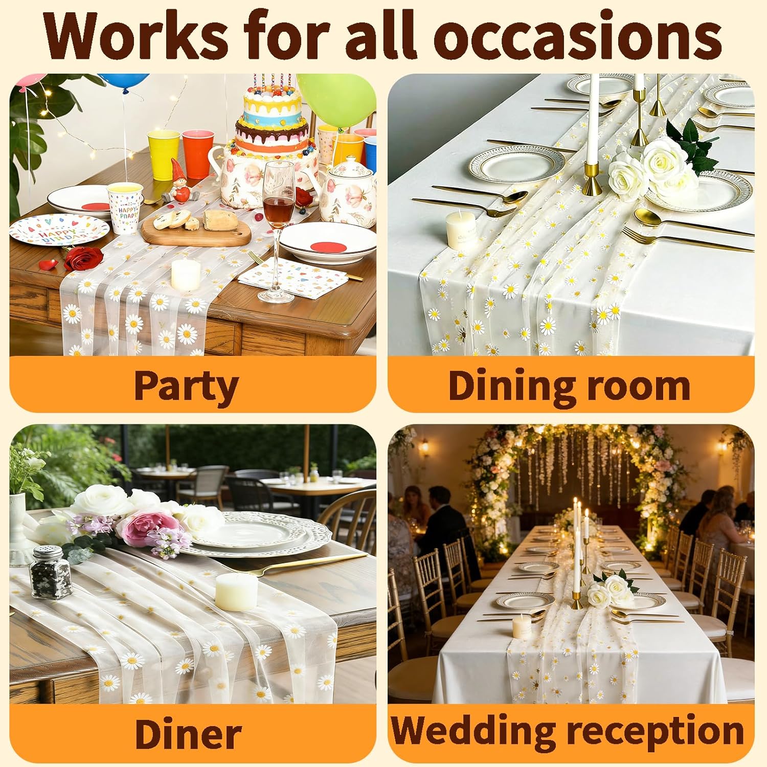 4-Pack Daisy Sheer Table Runner, Faux Gauze Polyester Decorative Table Runner, 30 x 70 in for Parties, Seasonal & Themed Home Decor (4, White, 70“)