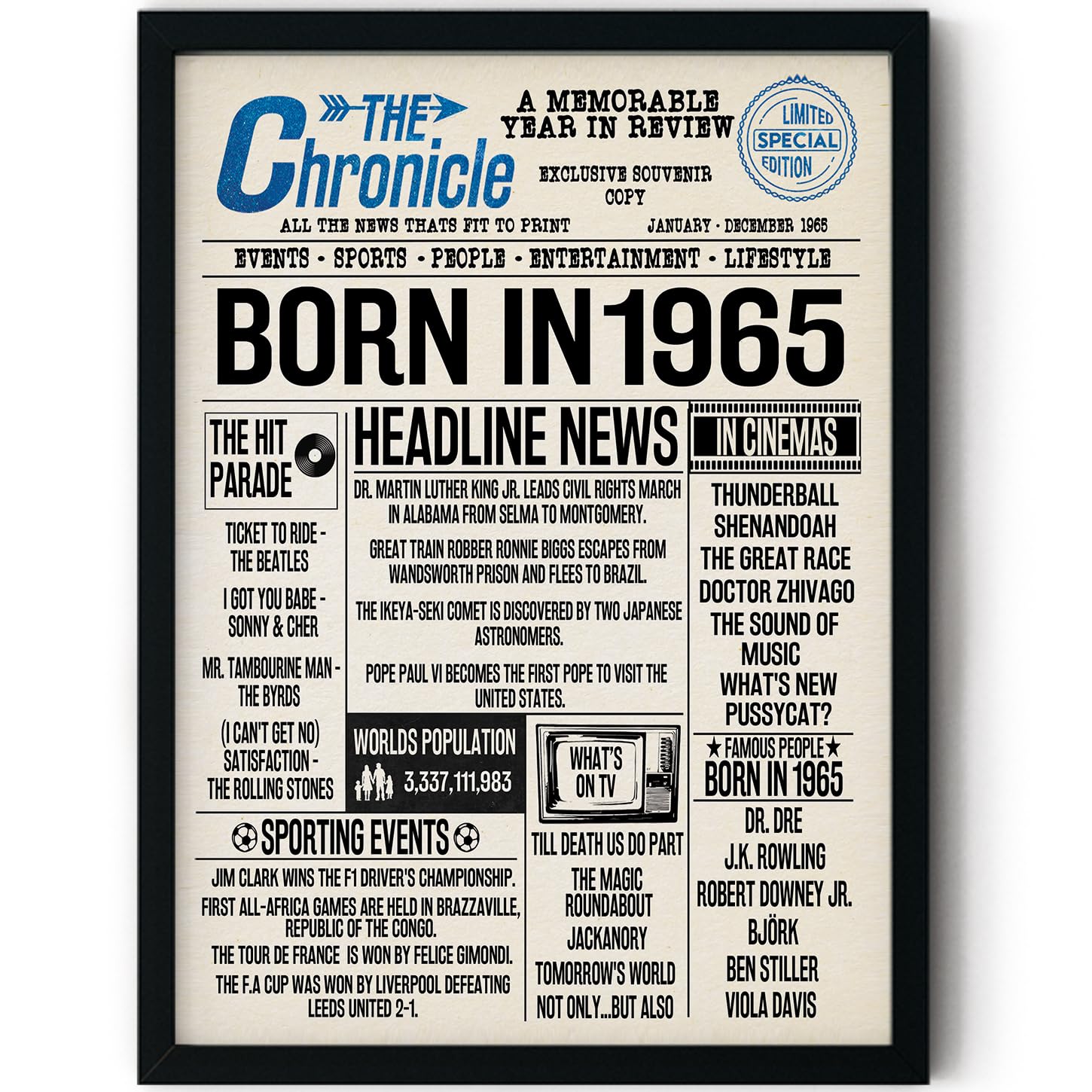 Stuff4 Men's 1965 61St Birthday Poster Framed - Born In Newspaper - Happy 61St Birthday Gifts For Wo Vintage Retro Back In 8X10 Inch Bday Party Decor Decoration