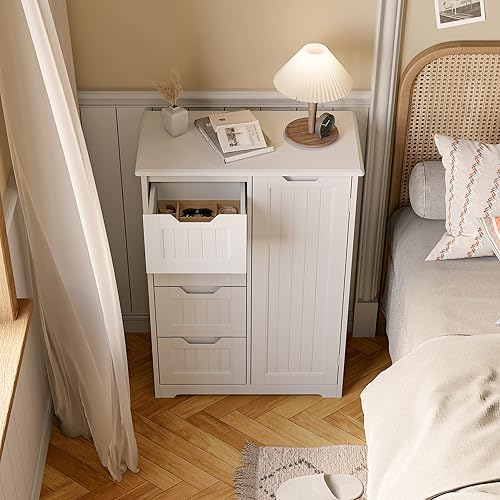 Miniatura 9 de Gizoon Armario organizador de baño con puerta y estantes, pequeño armario de almacenamiento lateral de piso independiente de 33 pulgadas, mesita de