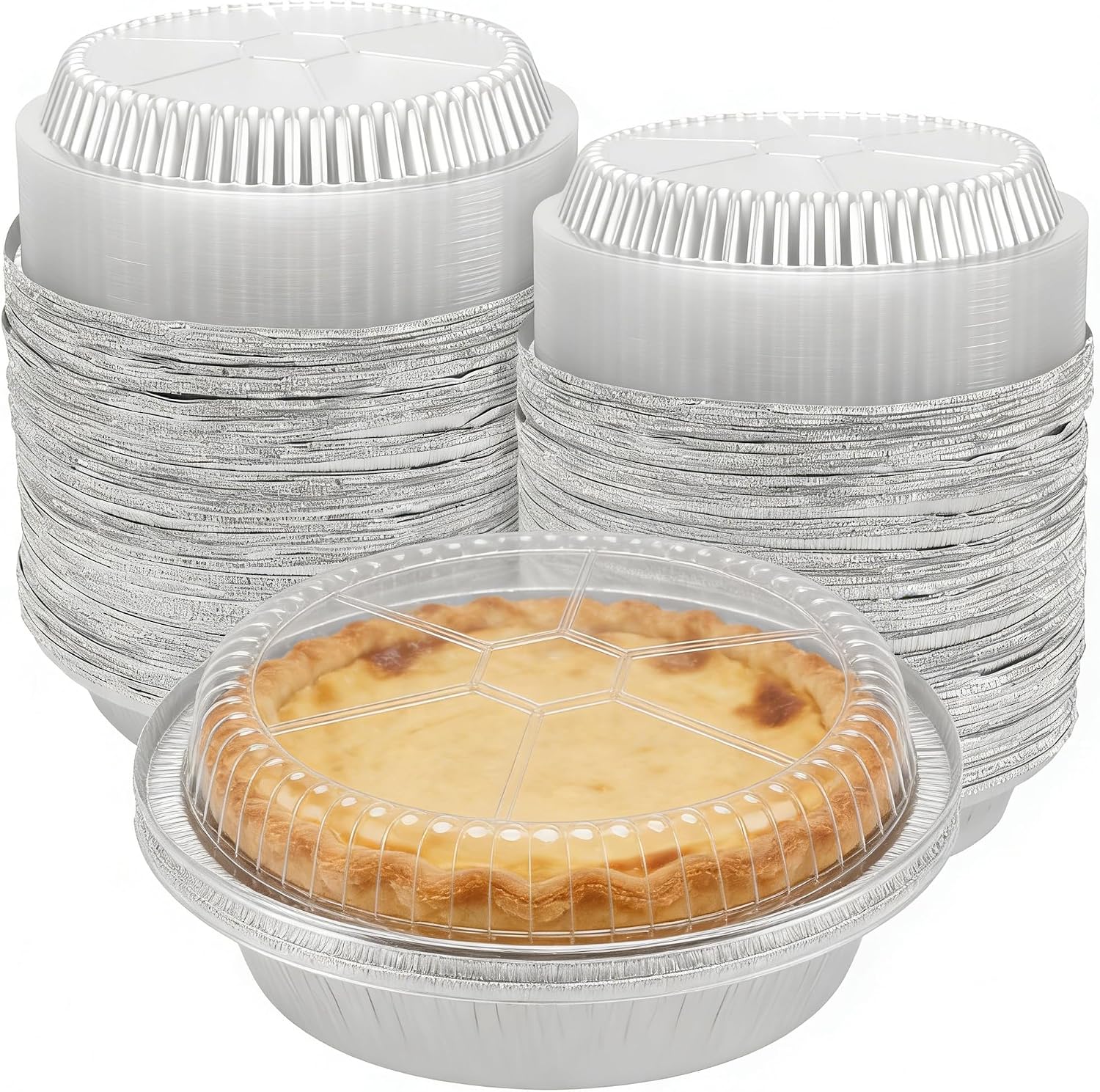100 Pack 7 Inch Aluminum Foil Pans with Clear Lids, Disposable Round Aluminum Pans for Baking, Serving, Cooking, Food Storage