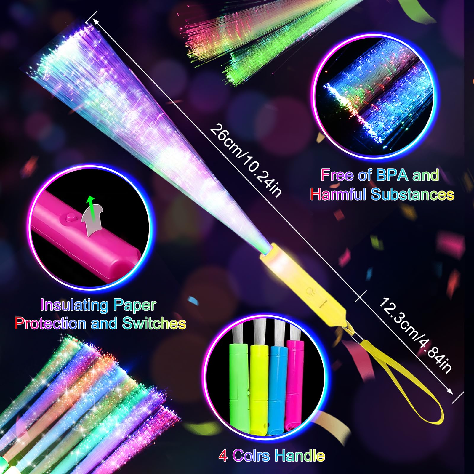 SHQDD 200 Stück leuchtende Glasfaserstäbe, LED-Lichtstäbe, leuchtet im Dunkeln, Partyzubehör, Glasfaserstäbe für Hochzeiten, Geburtstage und Veranstaltungen, blinkende LED-Partygeschenke, bunte