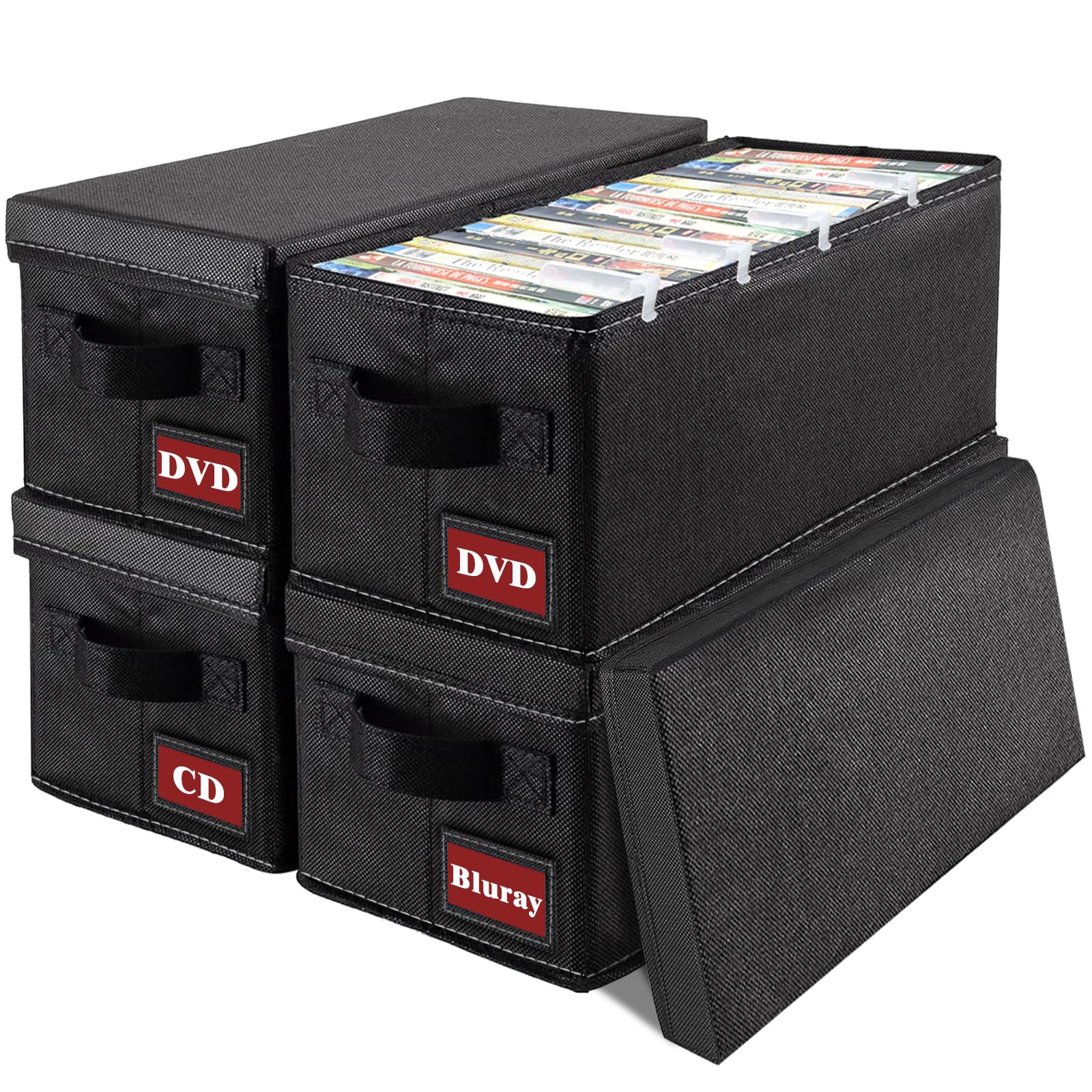 Lot de 4 boîtes de rangement pour DVD avec couvercle, empilables en tissu pouvant contenir jusqu'à 104 DVD (26 chacun), également idéales pour ranger des Blu-ray, des boîtiers de jeux vidéo