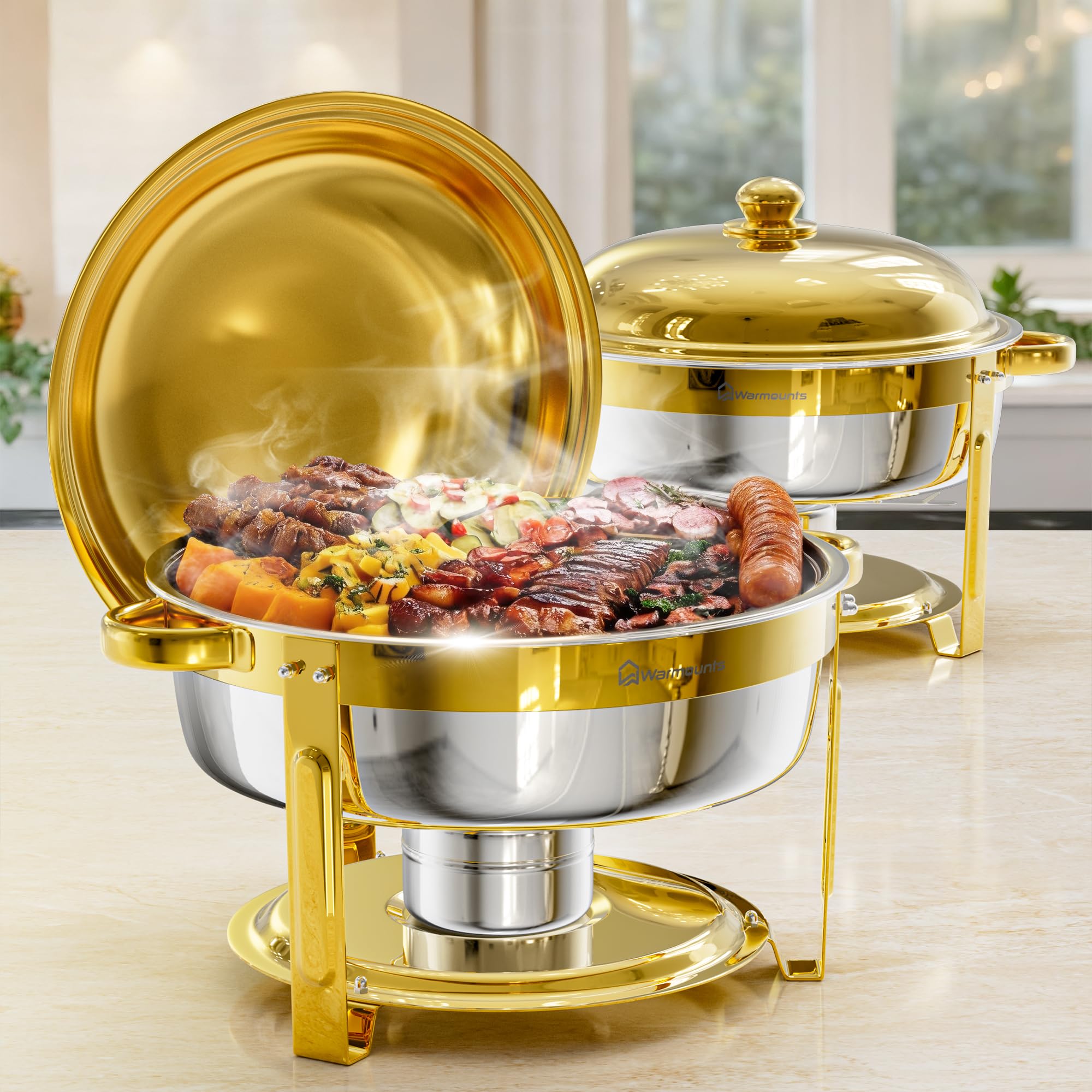 WARMOUNTS Platos dorados de 6 cuartos para buffet con tapa (2)