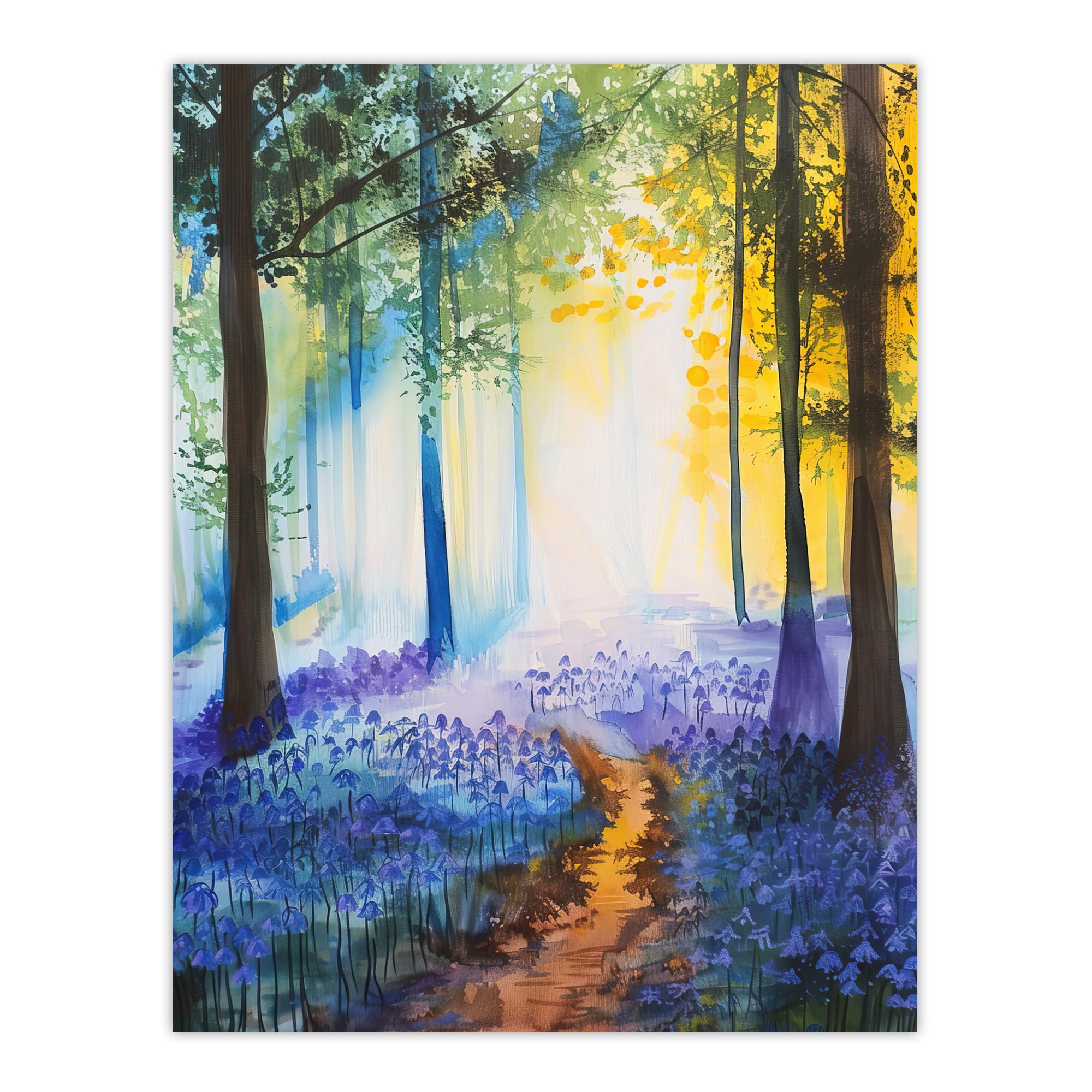 Artery8 Bluebell Woods Misty Forest Morning Watercolour Living Room Large Wall Art Poster Print Thick Paper 18X24 Inch