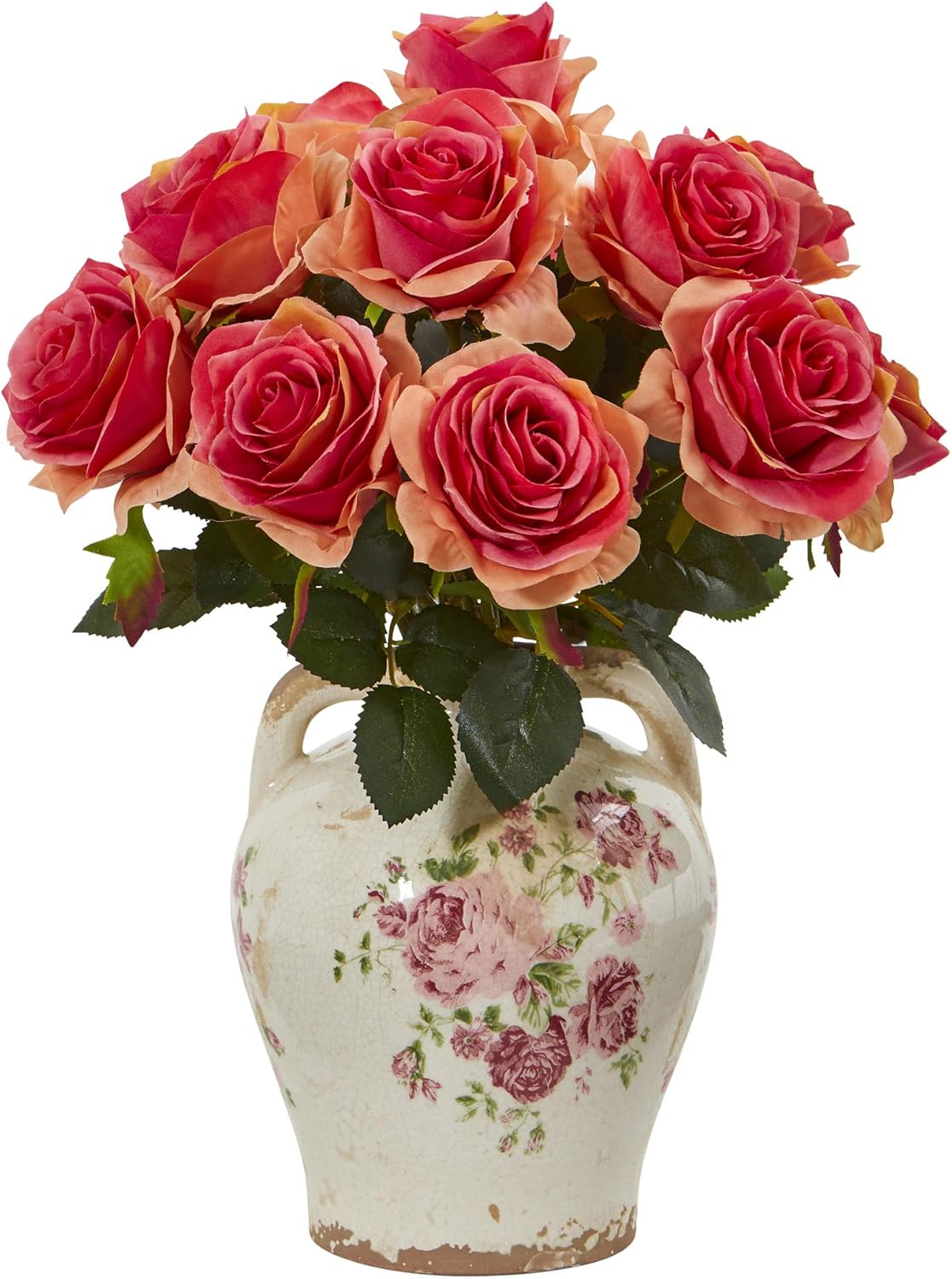 Nearly Natural 16in. Rose Artificial Flower Print Jar Silk Arrangements, Dark Pink