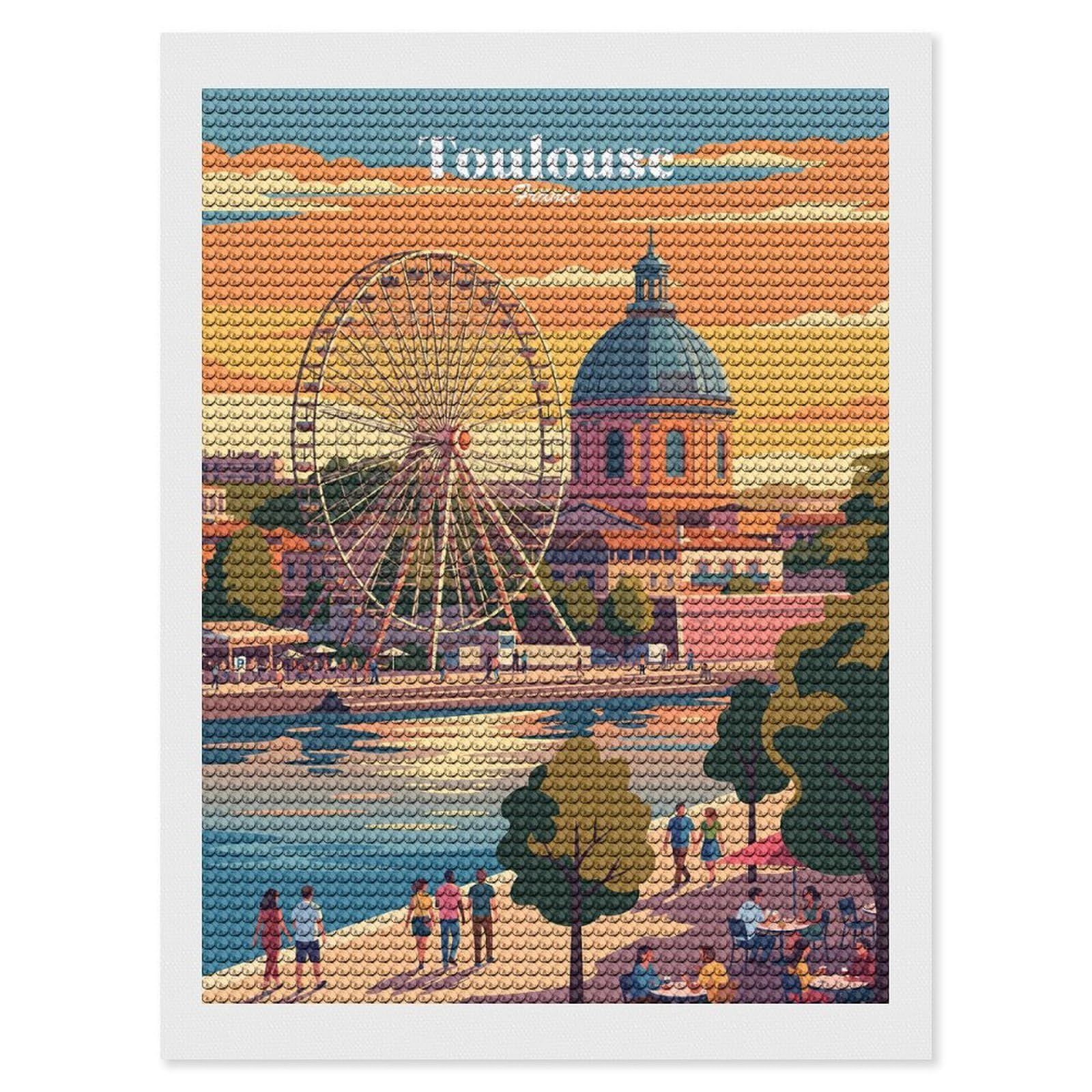 Junmoney Toulouse France Round Drill Diamond Painting 12"x16", for Adults, Creative Leisure Activity, Office Decor, Holiday Gift Idea