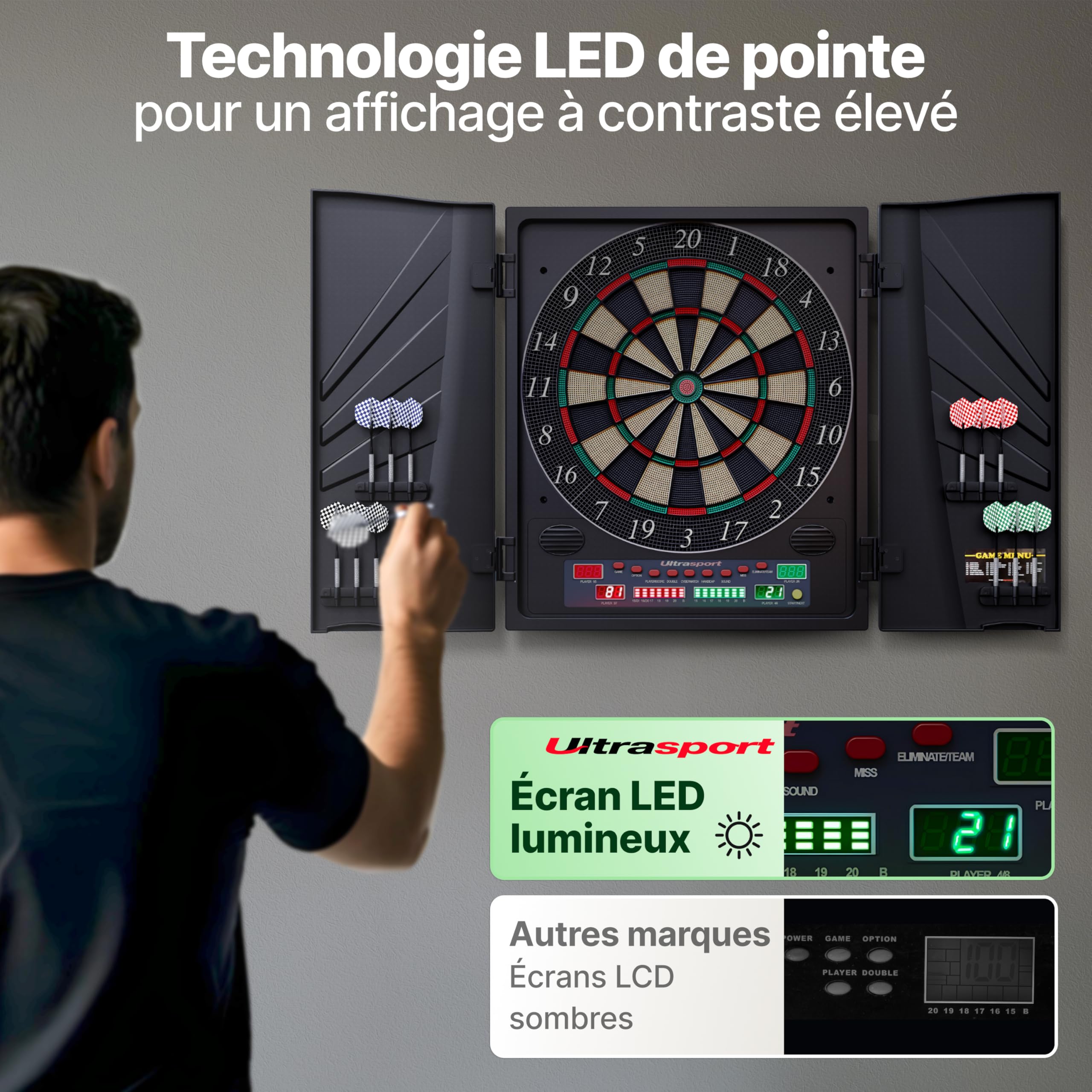 Ultrasport Cible de Fléchettes Électronique avec et sans Portes I Jeu de Fléchettes Électronique pour 1 à 8 Joueurs avec 15 Fléchettes, 15 Plumes, 100 Pointes de Fléchettes, 3 Lignes de Chute