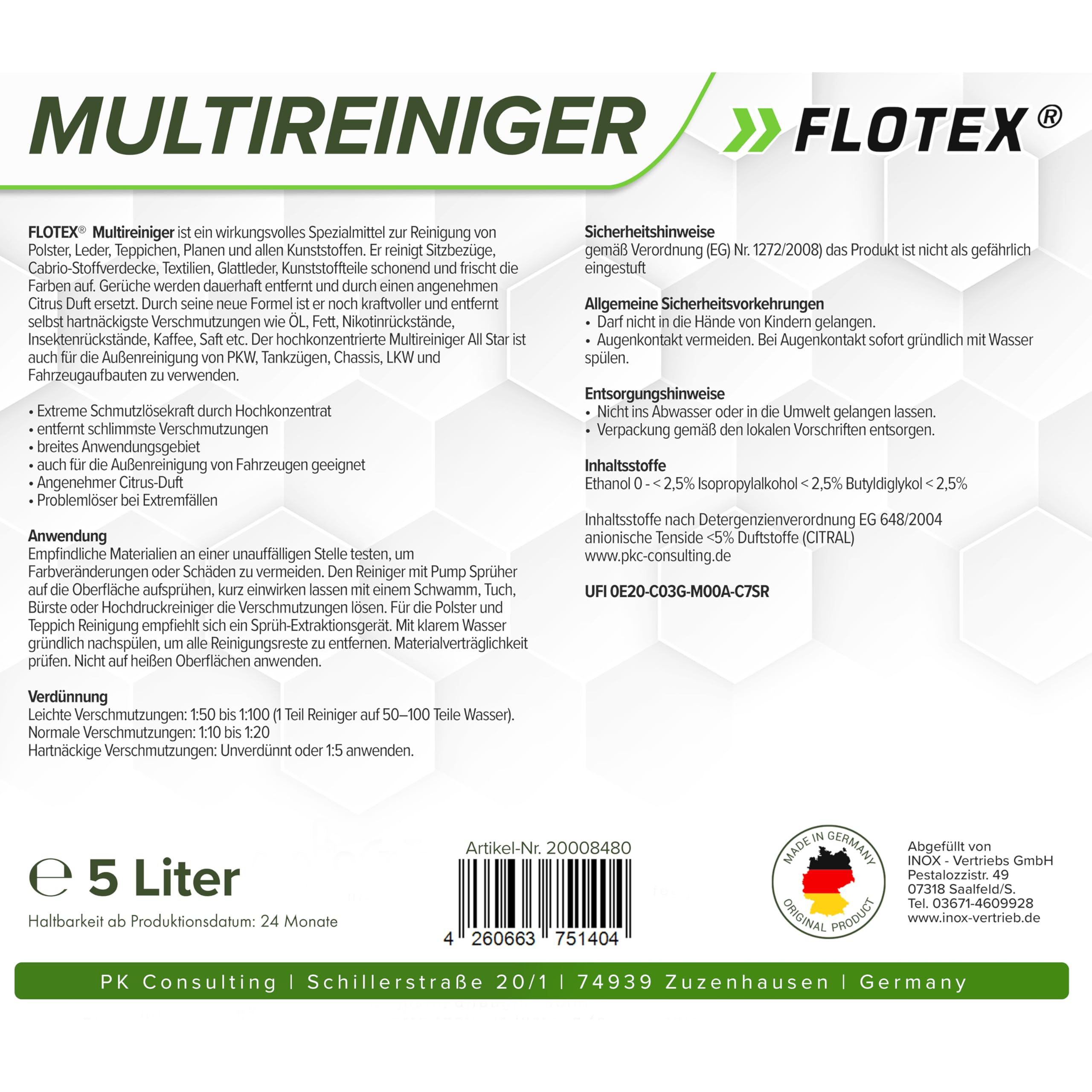 Ergiebiger Multireiniger 4x5L Kanister Auto Reiniger | Kunststoffreiniger und Autoreinigung von Innen und Außen | Polsterreiniger Auto und Teppichreiniger