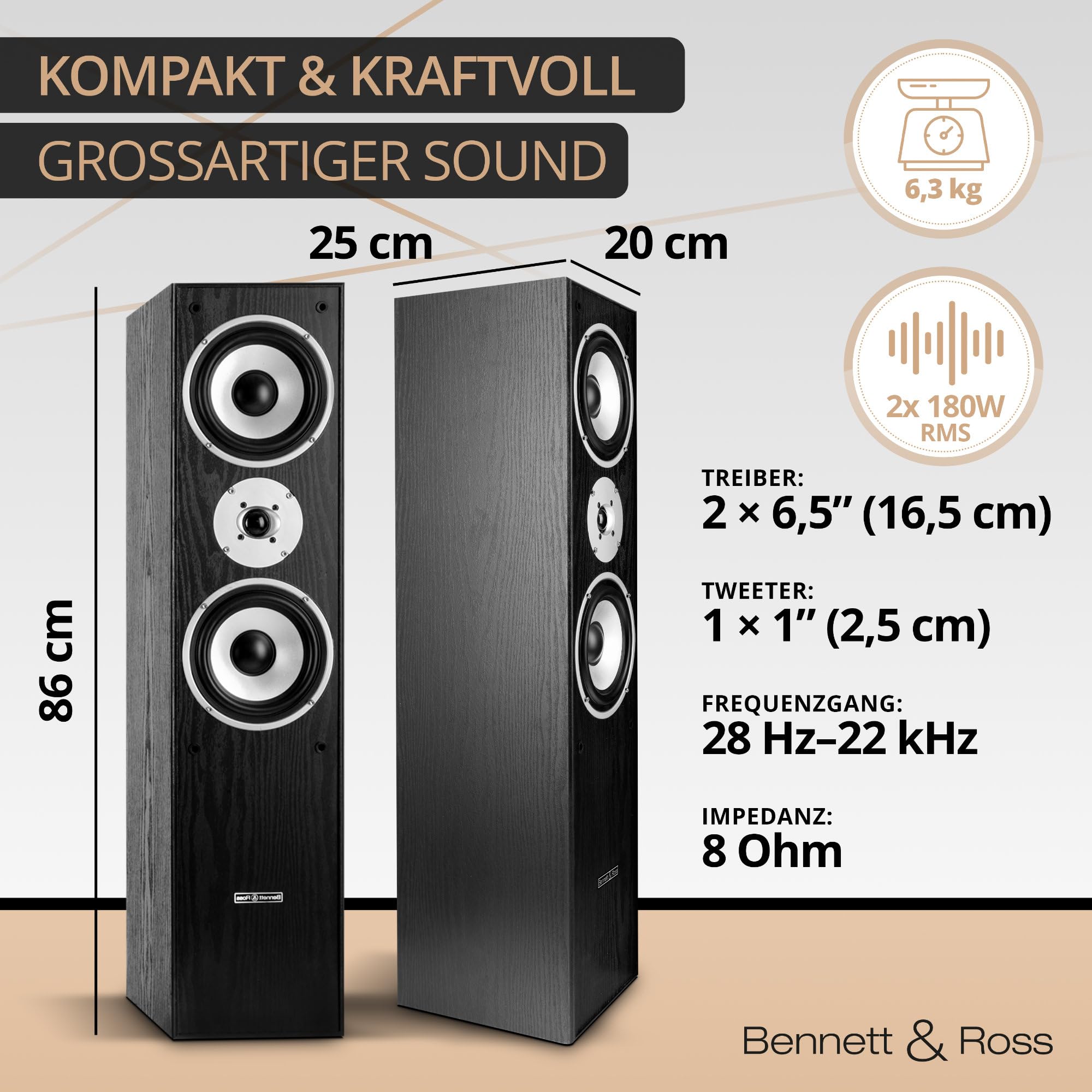 Bennett & Ross Radiant 3-Wege HiFi Standlautsprecher Paar (350W RMS, 6,5" Tieftöner, 6,5" Mitteltöner, 1" Hochtöner, Bassreflex-Konstruktion, Maserung in Holzoptik) schwarz