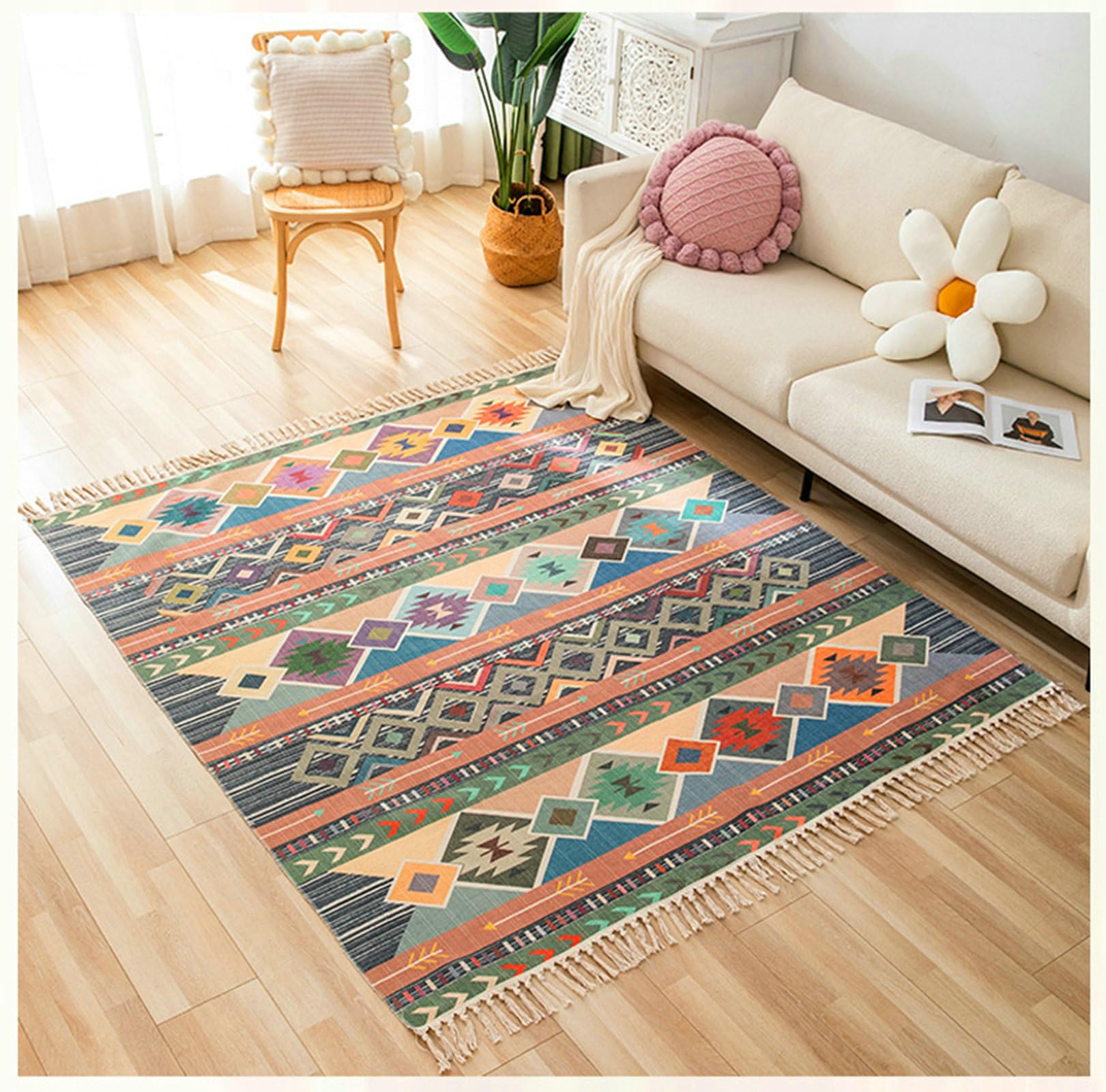 Gualiy Teppich Waschbar Polyester Baumwolle, Teppich Bunt 120x170 Geometrisch mit Quasten Teppiche Wohnzimmer