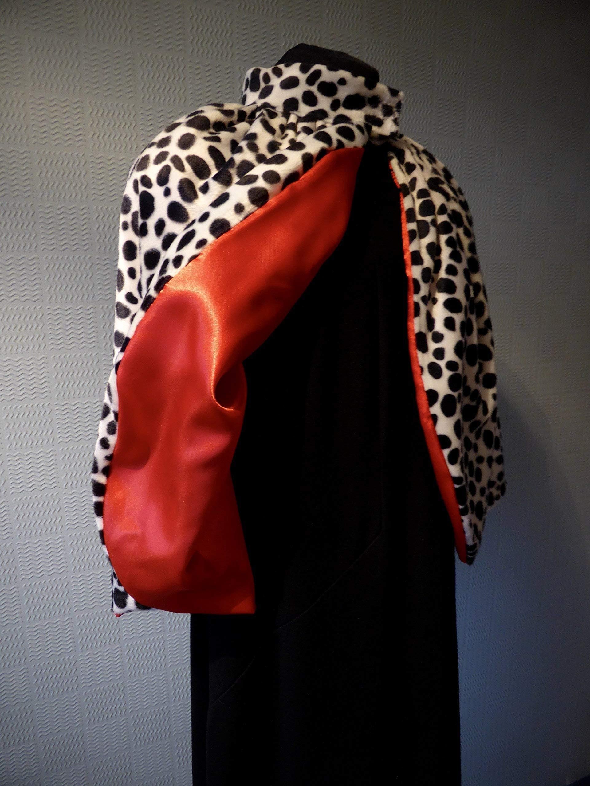 Evil Queen style cape in Dalmatian print black and white velboa faux fur
