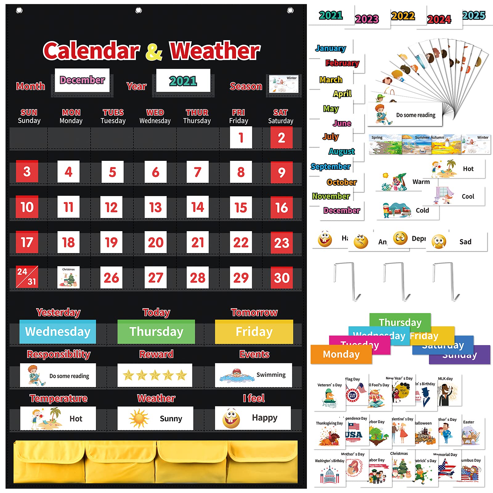 Classroom Calendar Pocket Chart with 160 Cards,Large 43.9”x 27.5” School Calendar for Kids Learning for Home,Calendar and Weather Pocket Chart Set