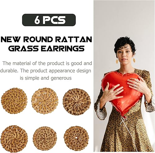 Miniatura 3 de EXCEART 6 dijes tejidos de ratán, dijes de bastón, conectores de ratán, anillos de unión, colgantes redondos de círculo bohemio para hacer aretes