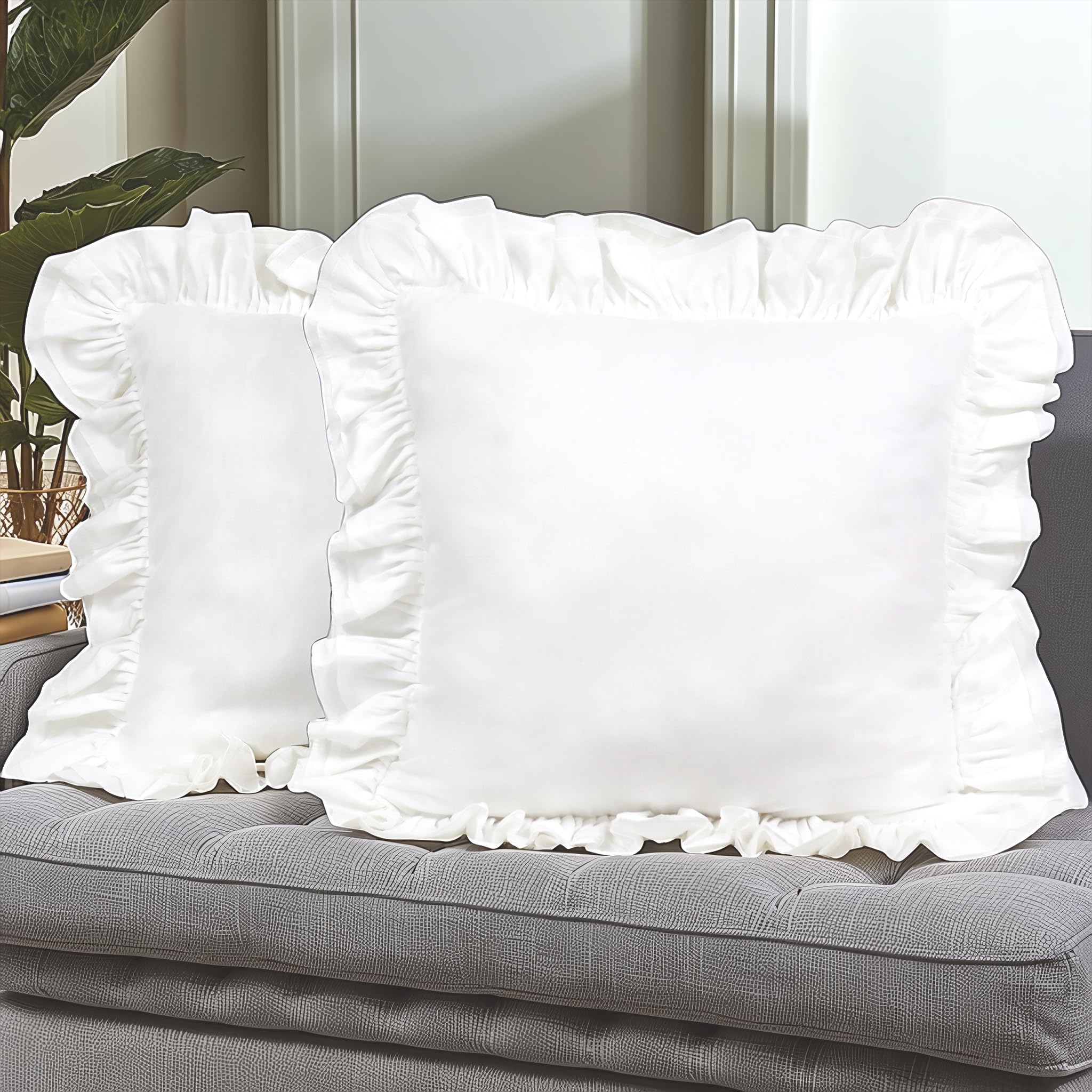 Lemfux White European Pillow Shams Cotton Ruffle Euro Pillow Shams 24x24inch, Set of 2, Shabby Chic Decorative Pillow Covers Feminine Ruffled Pillow Cases Pillow Covers for Couch Throw Pillow Cases