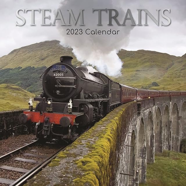 Wall Calendar 2023 - Steam Trains, 30 x 30 CM Monthly View, 16-Month, Transport Theme, Includes 180 Reminder Stickers