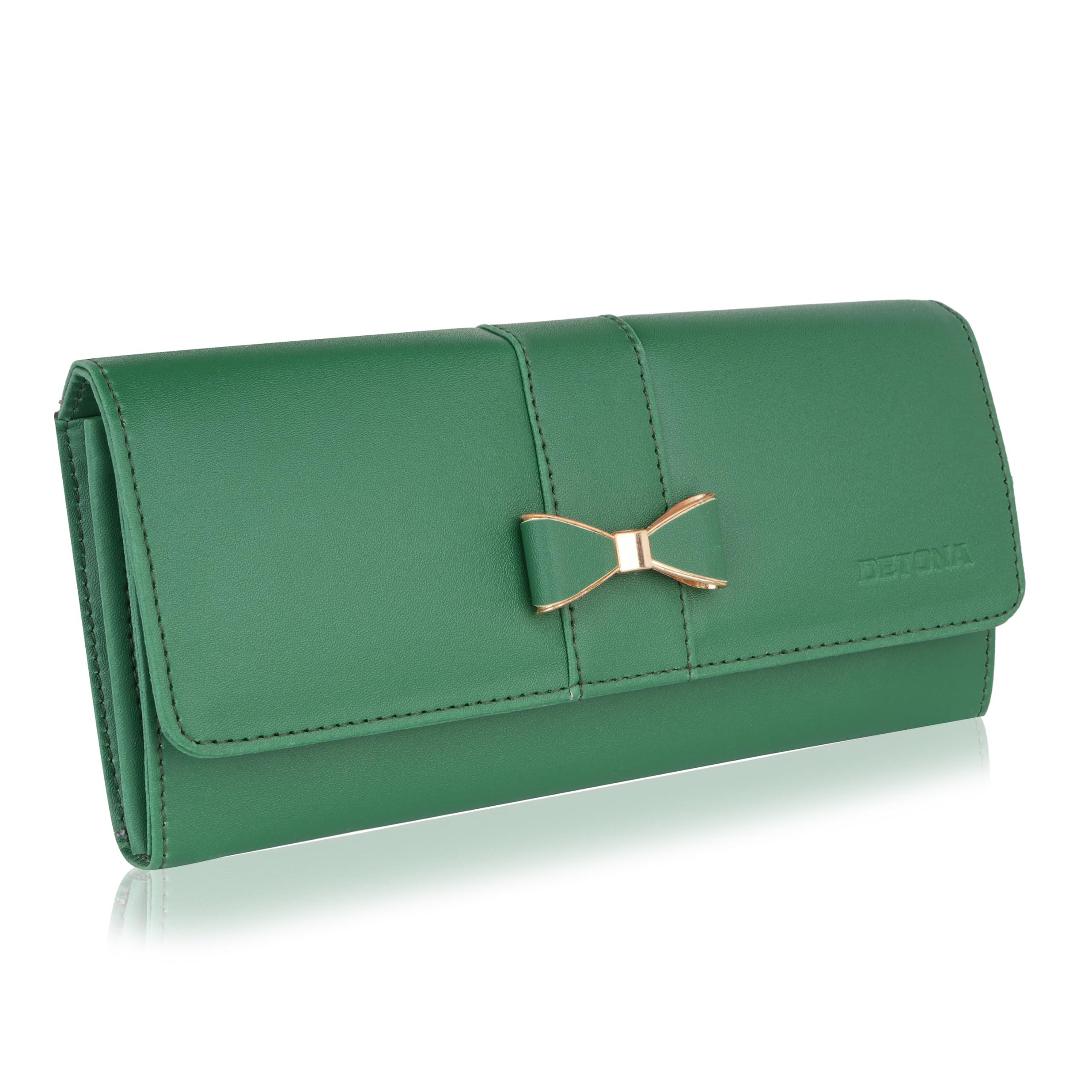 women’s premium pu leather long clutch wallet with bow design | stylish long wallet for girls & ladies | multi-compartment travel wallet with magnetic push button [multicolour] (emerald green)