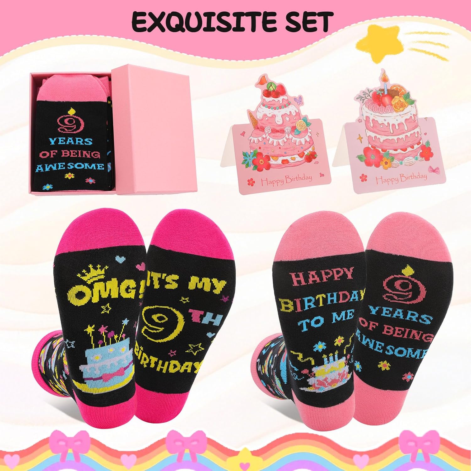 Birthday Socks Gift Set for 8 9 10 Year Old Girls 2 Pairs Cake Balloon Designs Pink Socks with Gift Box and Cards - Image 2