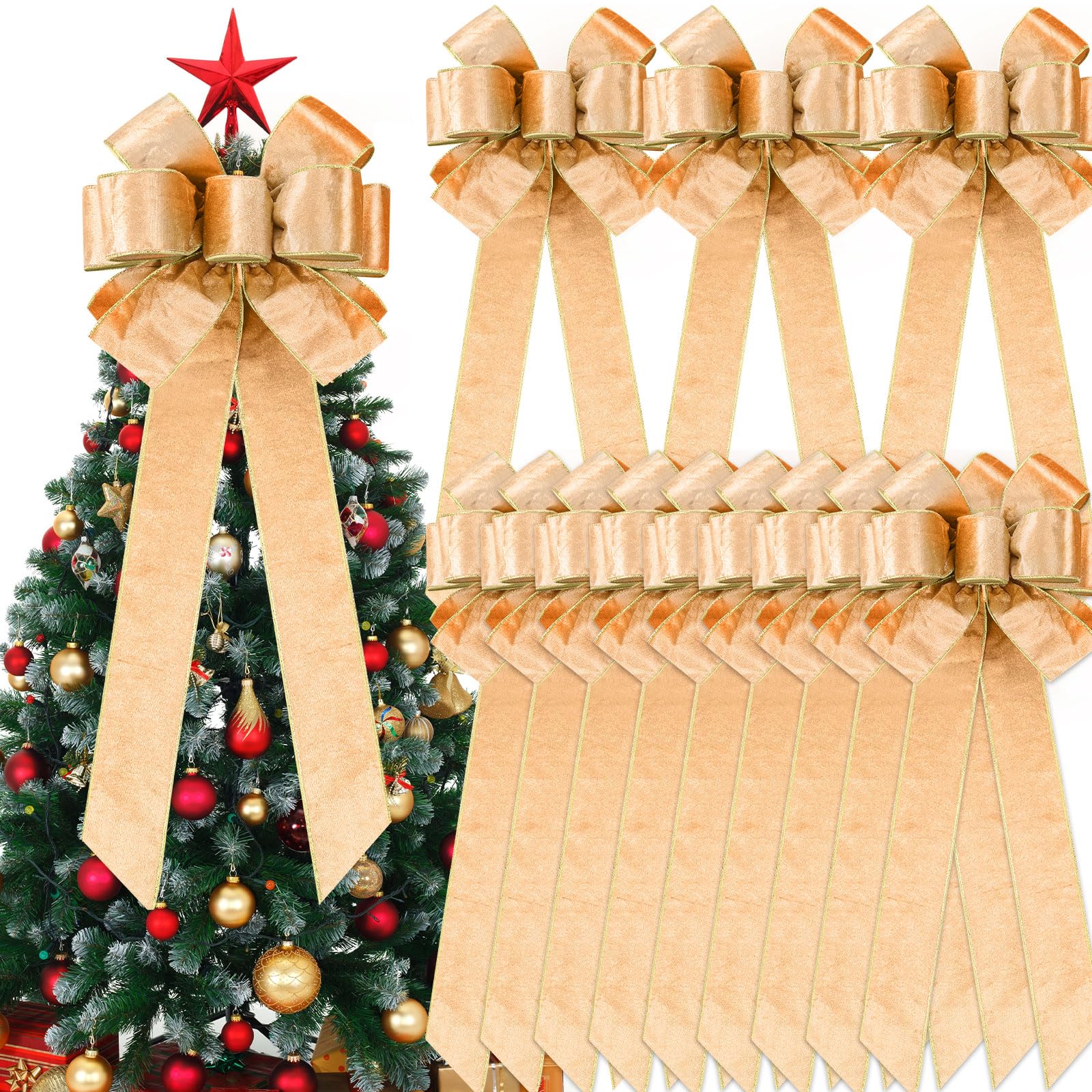 Yinkin 12 Pcs 10 x 26 Extra Large Christmas Tree Topper Bow Bulk Red Velvet Ribbon with Golden Wire Christmas Wreath Bows for Xmas Winter Party Indoor Outdoor Supplies (Champagne)