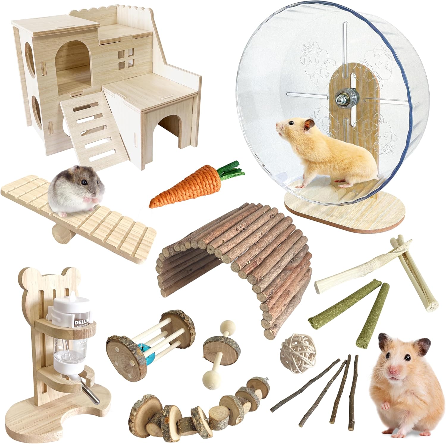 18 Pcs Hamster Cage Accessories, Natural Wooden Hamster Toys,Hamster Chew Toys Set ,Natural Wooden Hamster Wheel Maze Wood House Hideout Seesaw and Water Bottle Set for Rat Mice Small Animals Habitat