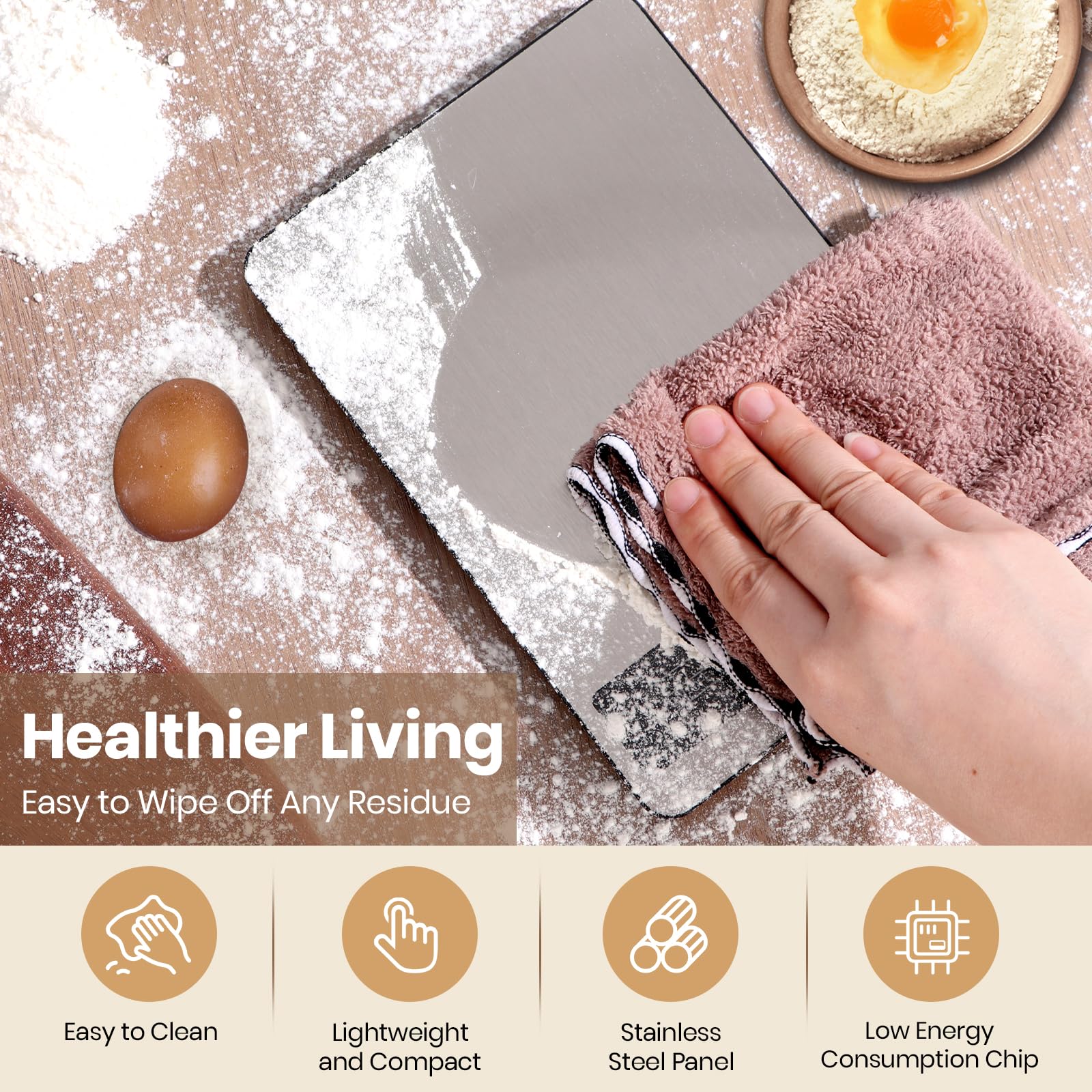 Yusshn Balance de cuisine numérique – Balance alimentaire de précision pour la cuisine et la pâtisserie (précision de 1 g) – Acier inoxydable étanche avec écran LCD, piles incluses – Poids en grammes