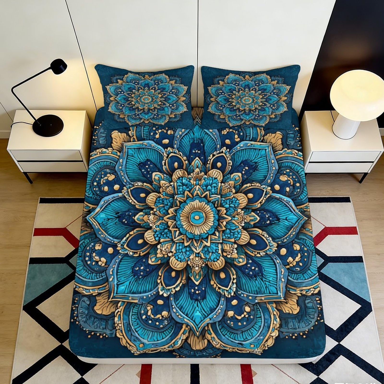 Pnayamiorkfel Style-7 3D Printed Mandala Flower Fitted Sheet Microfiber Soft Teal Gold Lotus Bed Cover For Bedroom Guest Room Decor 90X200x25cm