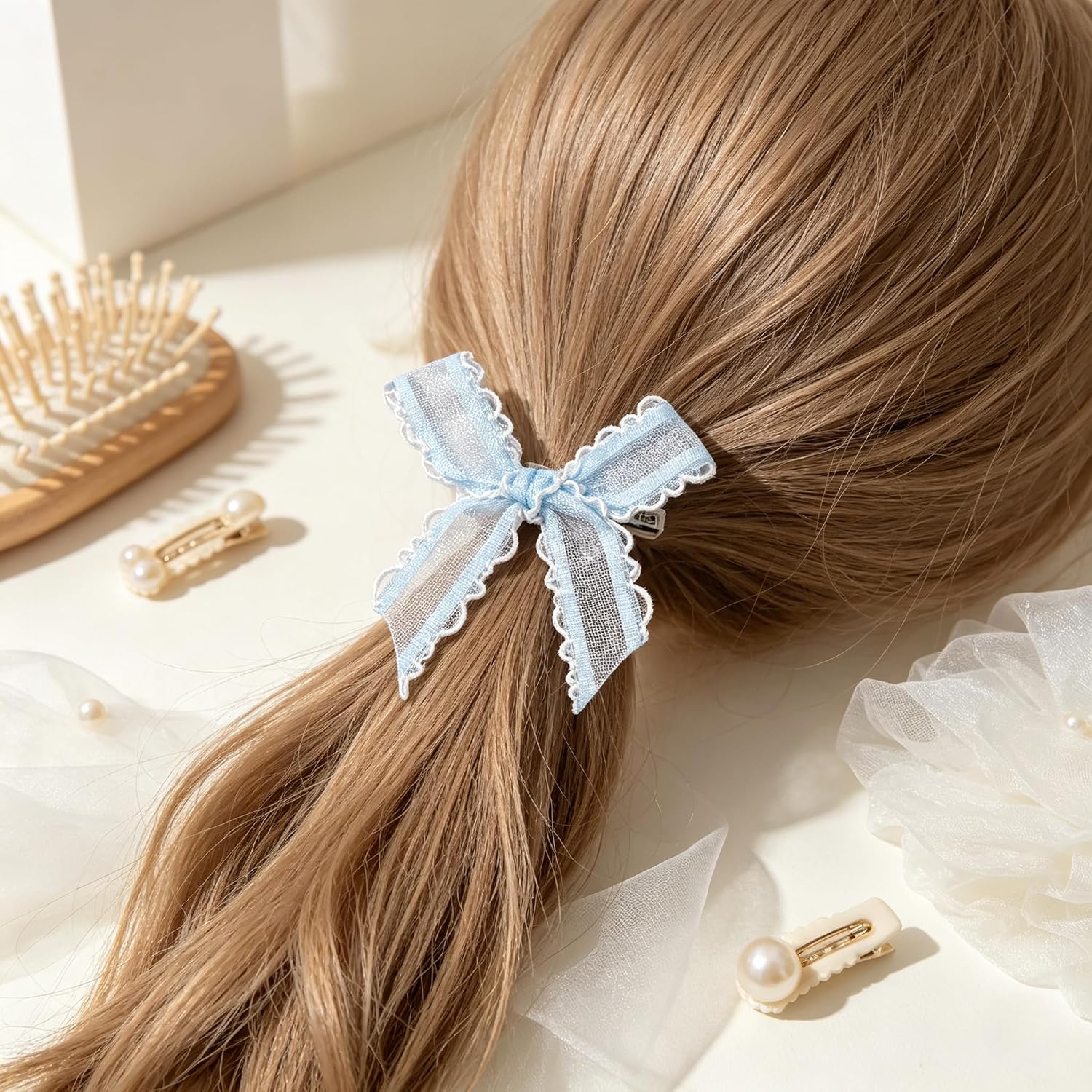 1.7 Inch 30Pcs Blue Small Lace Bows for Girl – Mini Tiny Coquette Ribbon 3D Bow Sticker for Toddler Baby Hair Clothing Accessory Crafts Gift Wrap DIY Sewing Supplies Card Treats Decor image 3