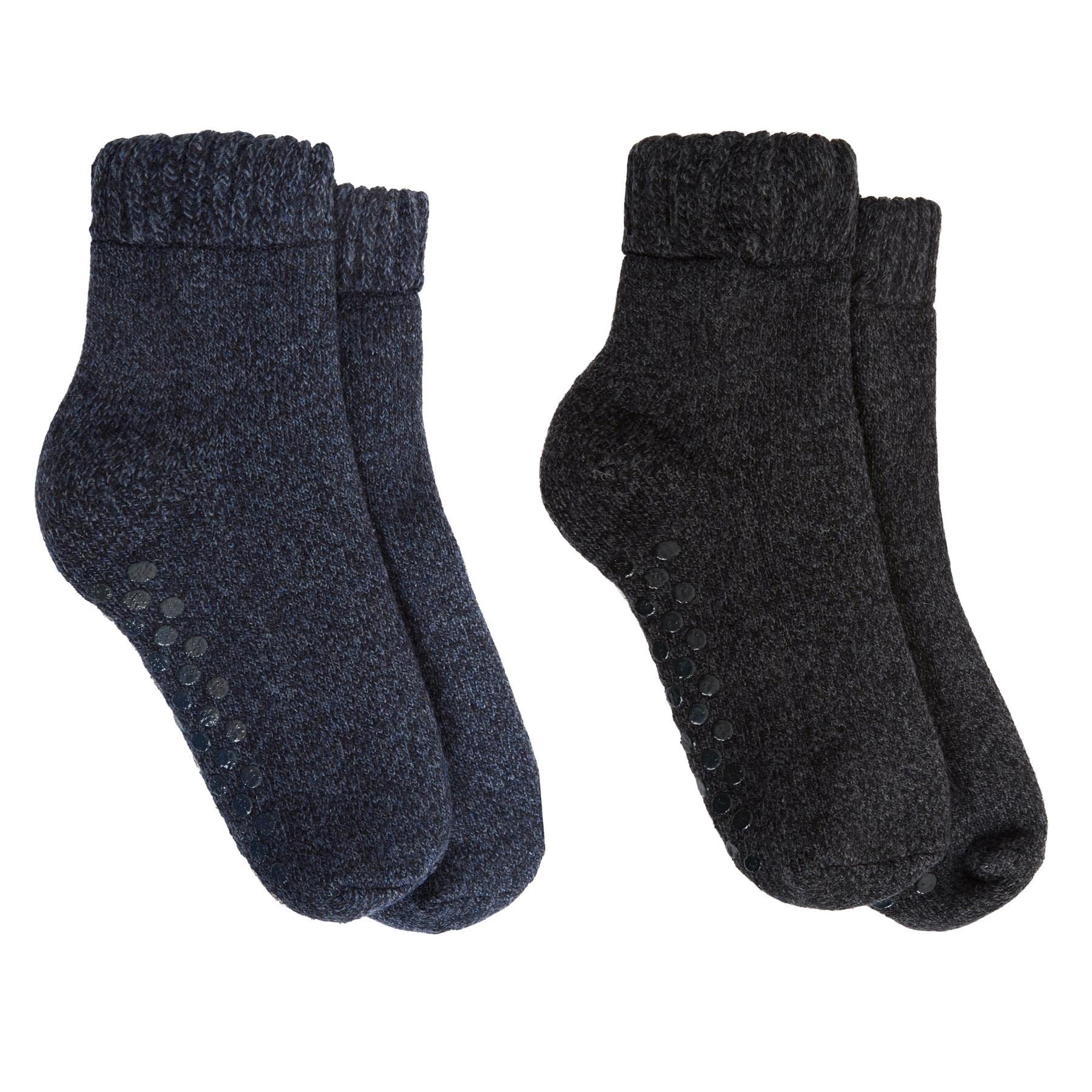 Sock Stack 2 Pairs Of Mens Merino Wool Slipper Socks With Non Slip Soles Black Navy Thermal Lounge Sock