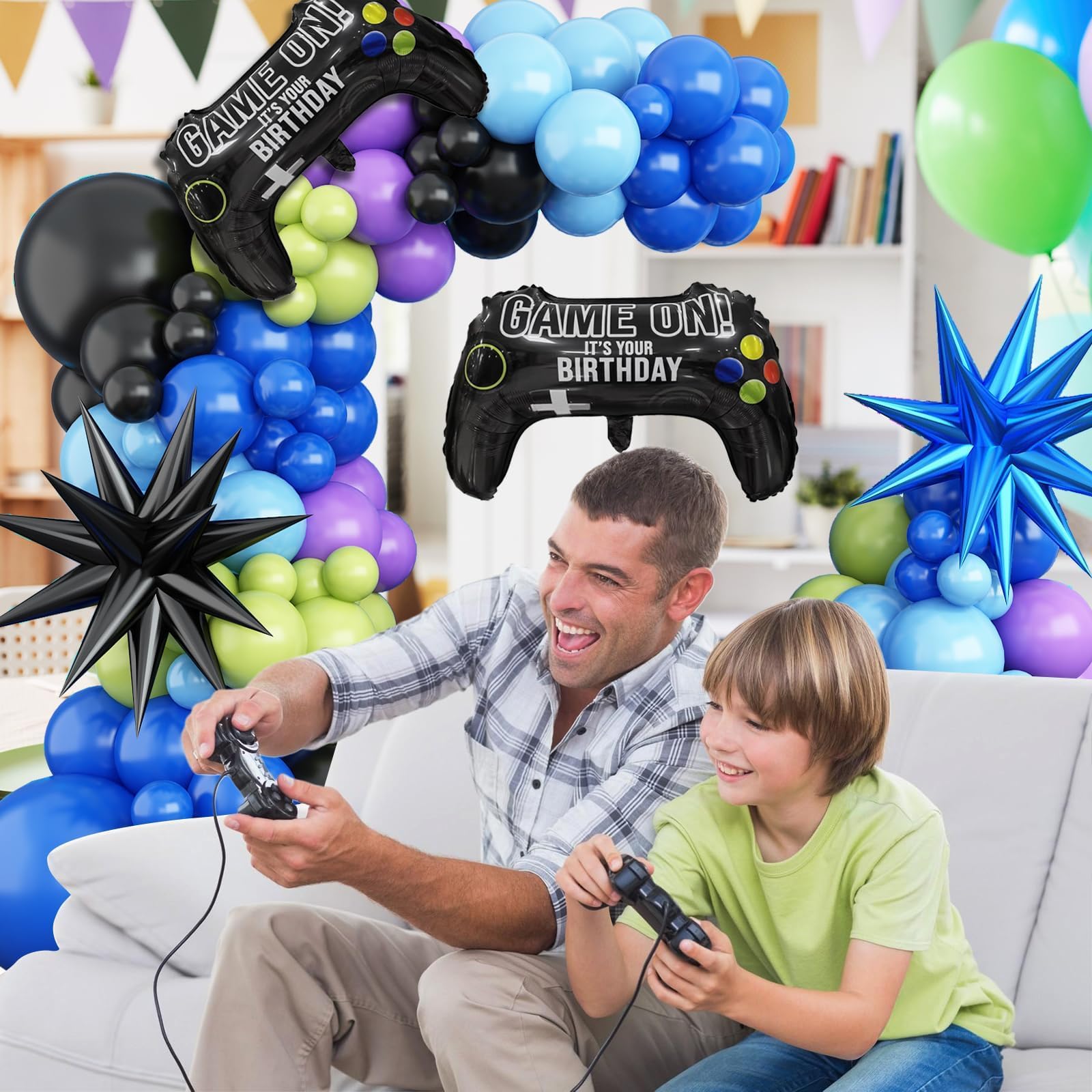 Kit de guirnalda de arco de globos de videojuegos, globos de fiesta azul, morado, verde, negro, con 2 globos de aluminio con mango de juego para temática de videojuegos, fiesta de cumpleaños,