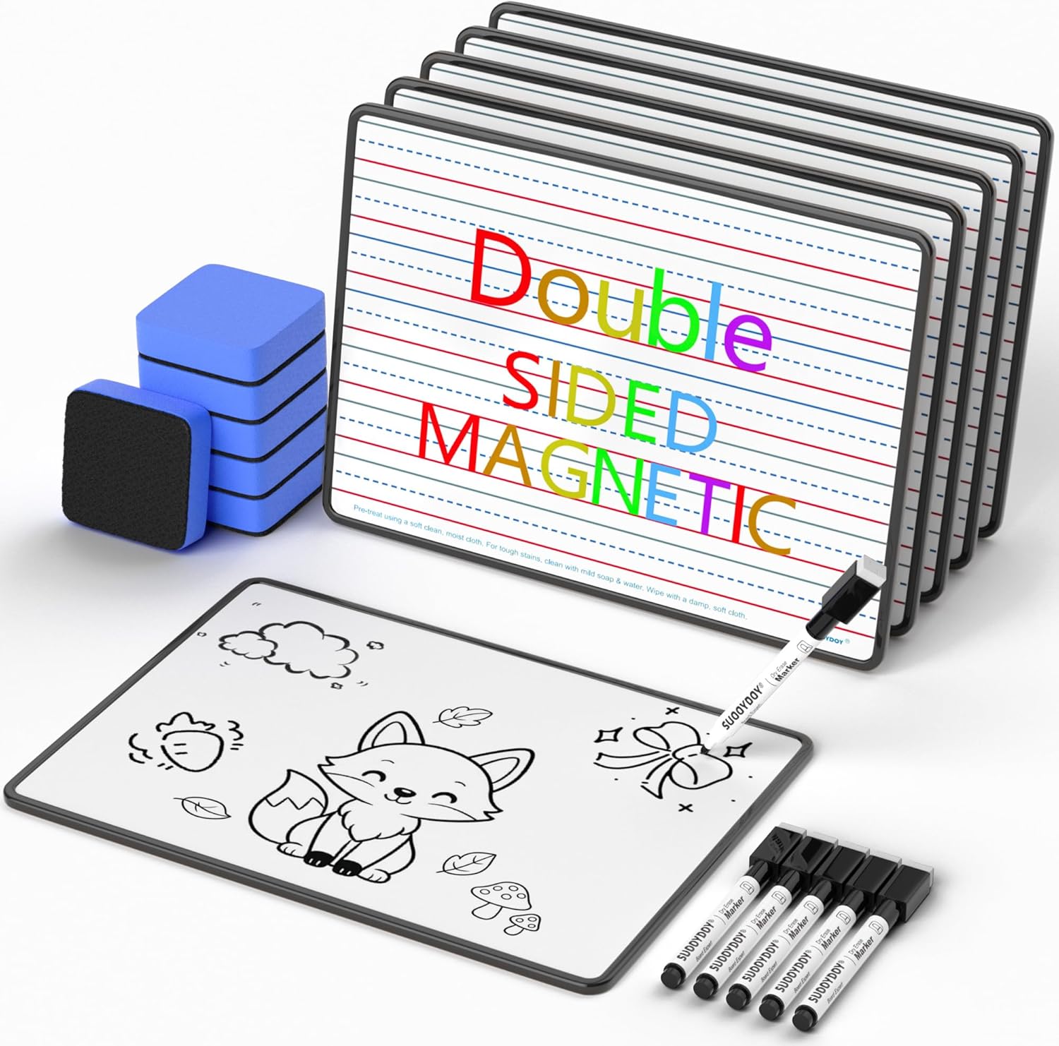 Dry Erase Boards 6 Pack, Double Sided Magnetic Small Whiteboards with Lines for Kids, Students, Teacher & Classroom Pack