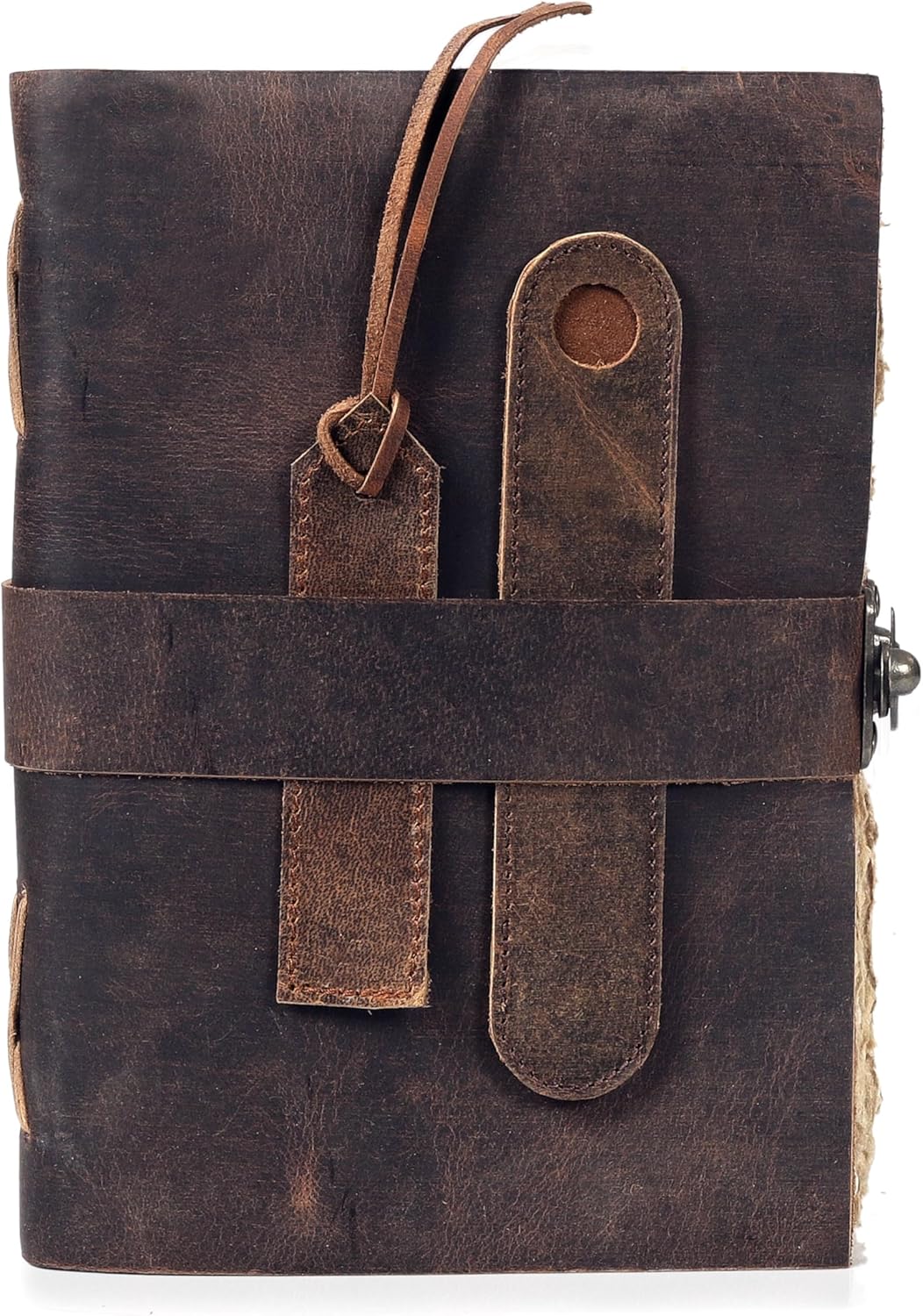 HLC Leather Journal, 200 Pages of Antique Deckle Edges Handmade Paper Vintage Journals for Men & Women, Vintage Lock Closure Rustic Brown Leather Gifts with Pen Holder (10" X 7" inches) - Image 2