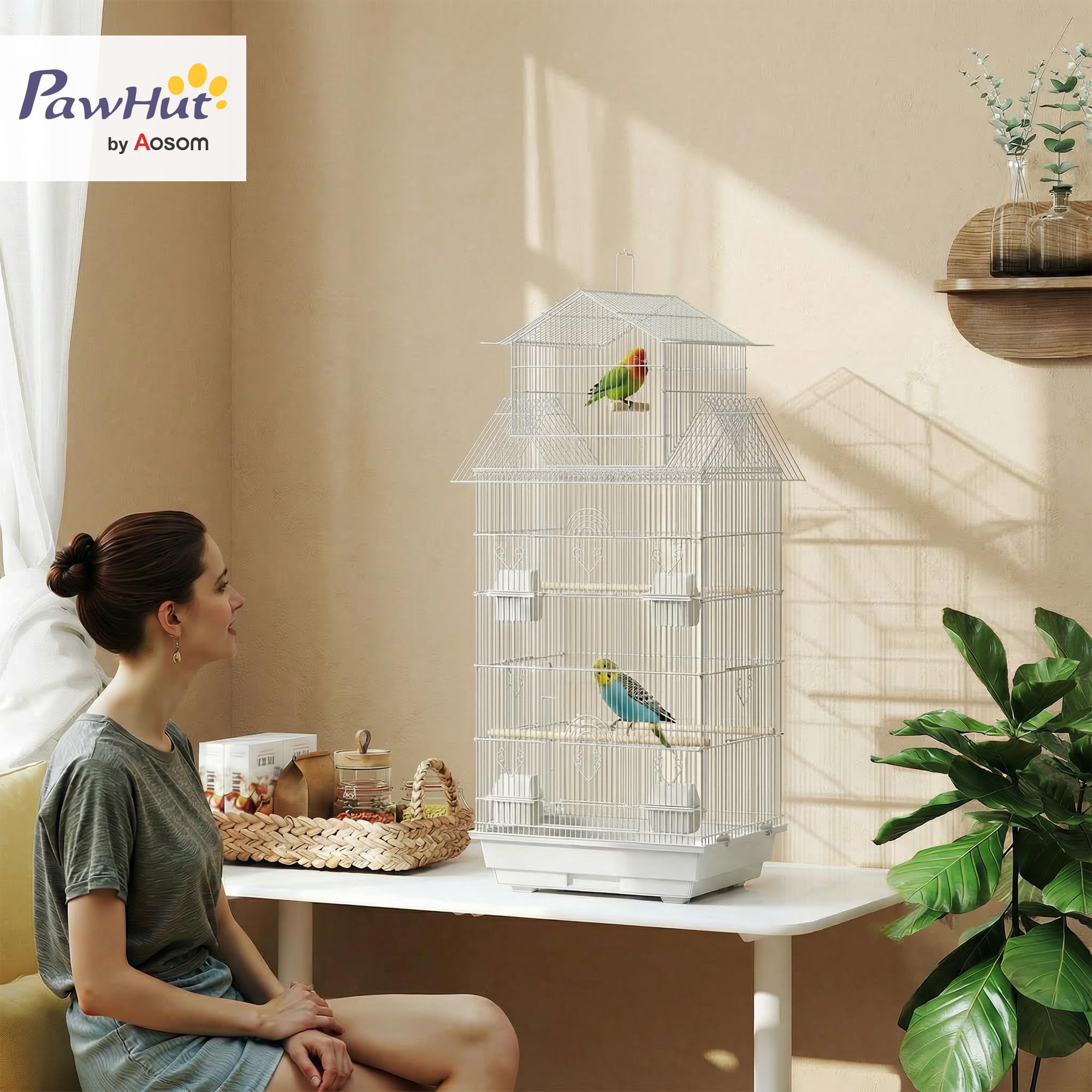 PawHut Jaula para Pájaros de Acero Pajarera con Comederos Perchas Columpio y Bandeja Extraíble Jaula Grande para Loros Canario Periquito 50,5x41x104 cm Blanco