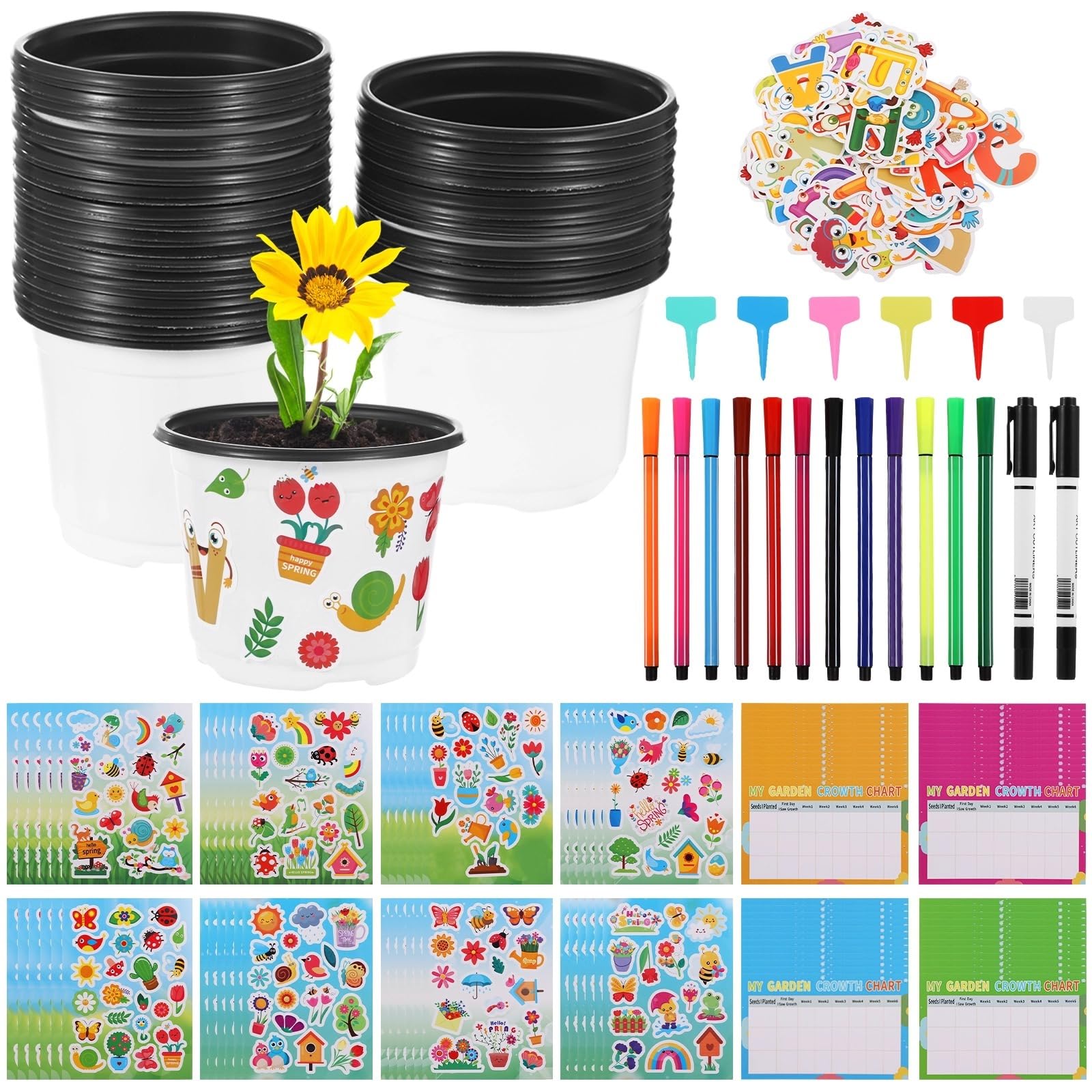 Kit de manualidades de macetas de plástico para jardín, 48 juegos de manualidades con etiquetas de plantas, calcomanías, tablas de crecimiento, bolígrafos y marcadores de acuarela, herramientas de