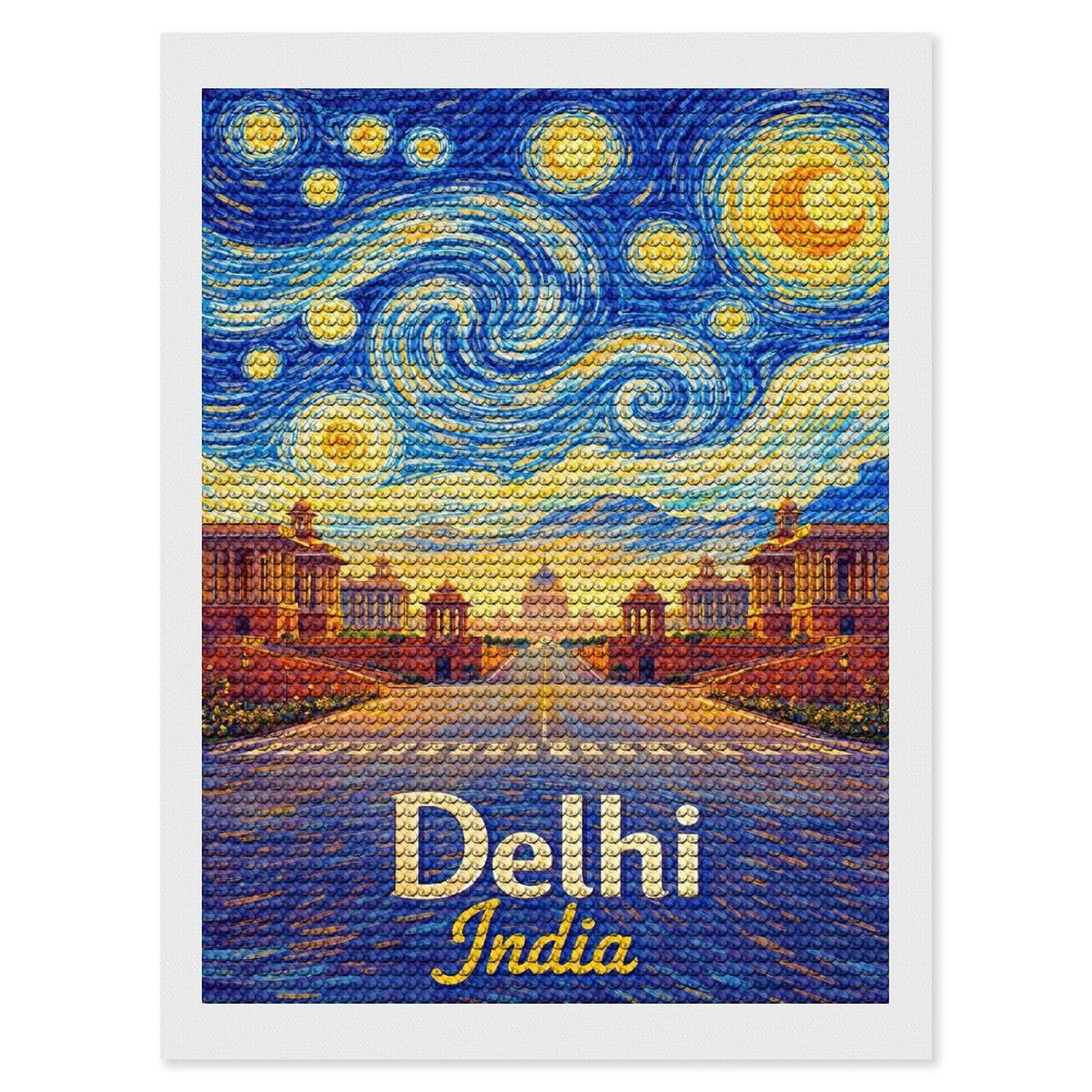 Junmoney Delhi India Starry Night Diamond Painting Canvas Kit 12"x16", Adhesive Canvas, Living Room Decor, Farmhouse Decor, Winter Craft