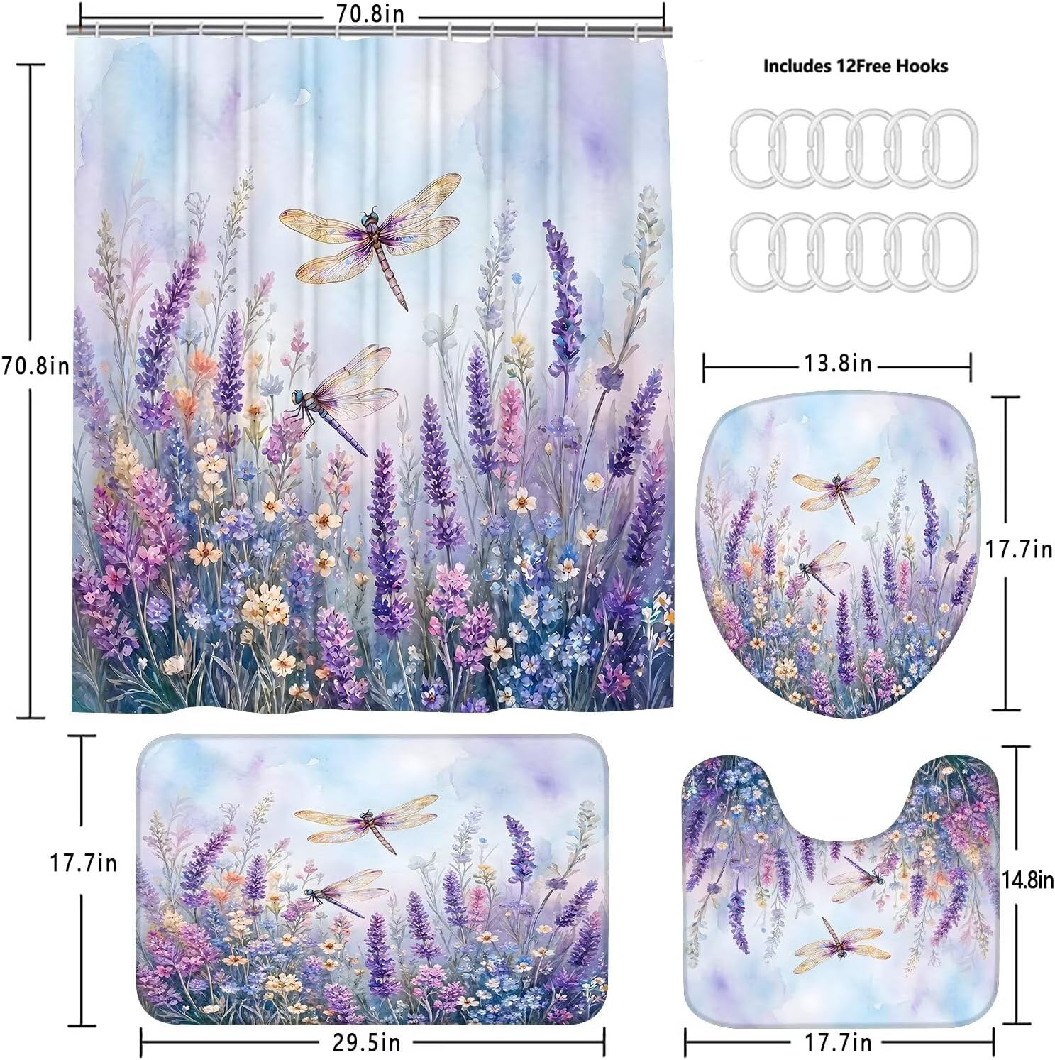 DDQQ 4Pcs Purple Dragonfly Shower Curtain Set with Rugs, Gradient Lavender Shower Curtain Set Colorful Flower Bathroom Set Texture Bath Accessories with Mats image 2
