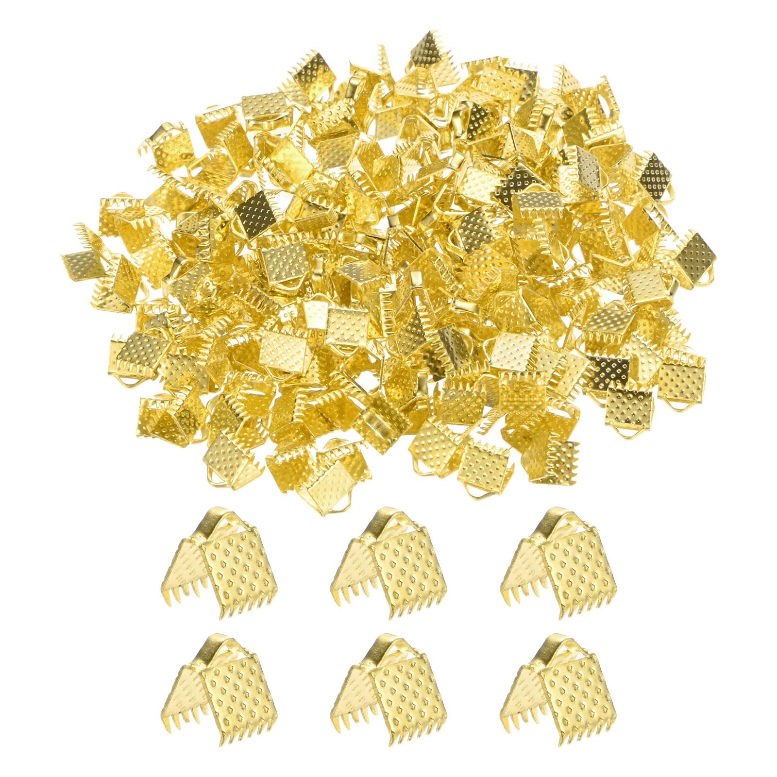M METERXITY 280-Pack Ribbon Ends with Clamps, 0.2in/6mm Metal Bracelet Bookmark Pinch Crimp Clamp Polka Dots for Jewelry Making/Bracelets/Necklaces/DIY, Pinch Cord End Clasps [Gold Tone]