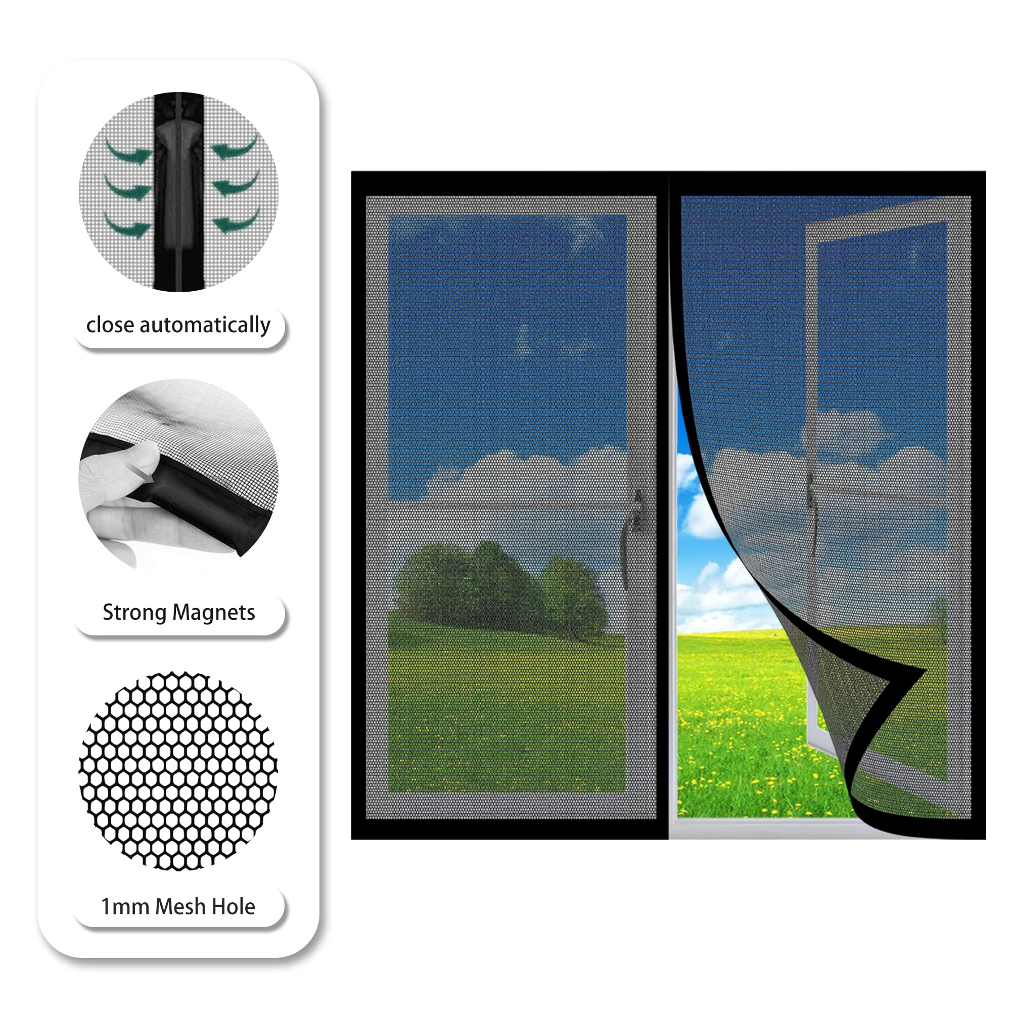 Fliegengitter Fenster Magnete 215 x 200 cm Insektenschutz Fliegenschutz Fenster Mückengitter Ohne Bohren Auto Schließen Faltbar für Terrasse Schlafzimmer Usw., Schwarz