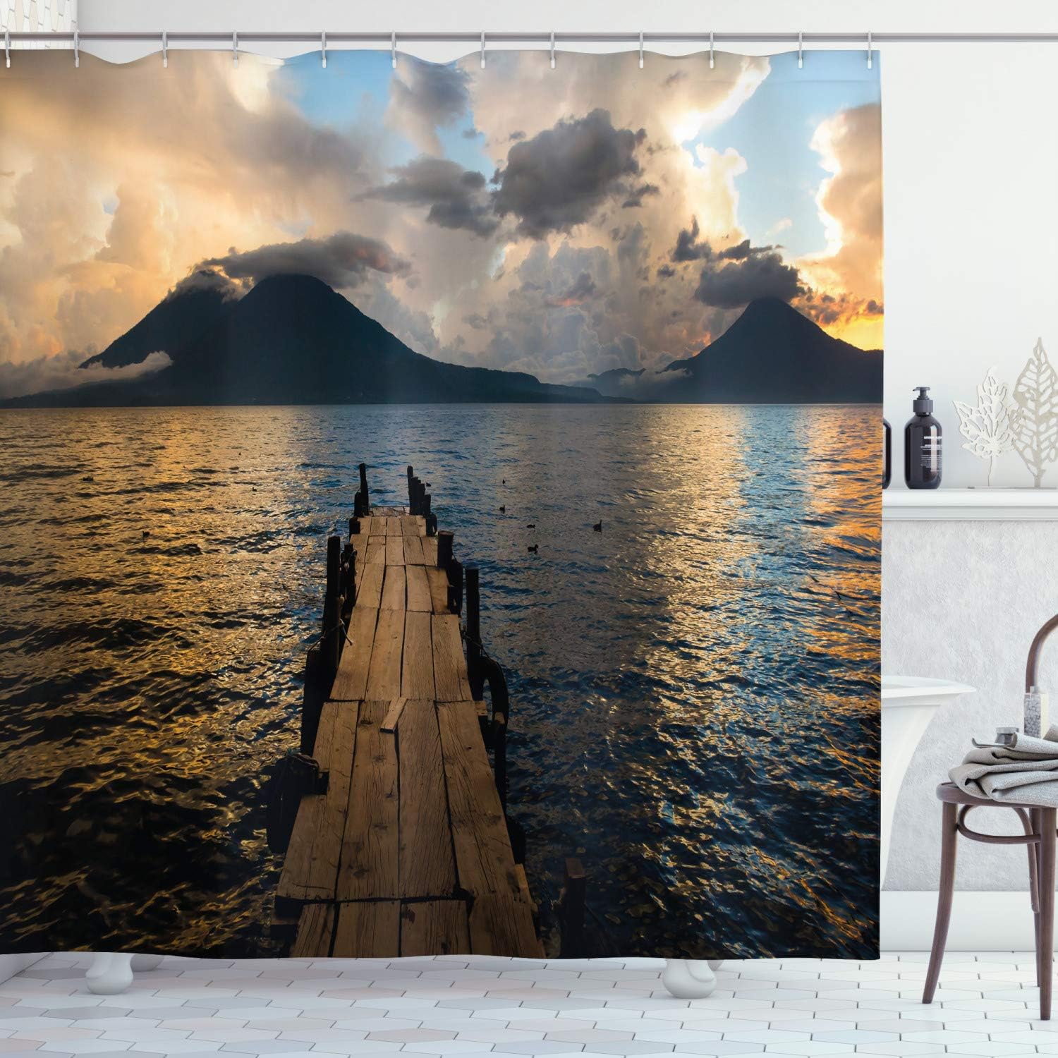 Ambesonne Landscape Shower Curtain, Wooden Pier on Lake Atitlan Volcanic Mountains Surrounded by Clouds Calm Panorama, Cloth Fabric Bathroom Decor Set with Hooks, 69" W x 75" L, Multicolor Off White
