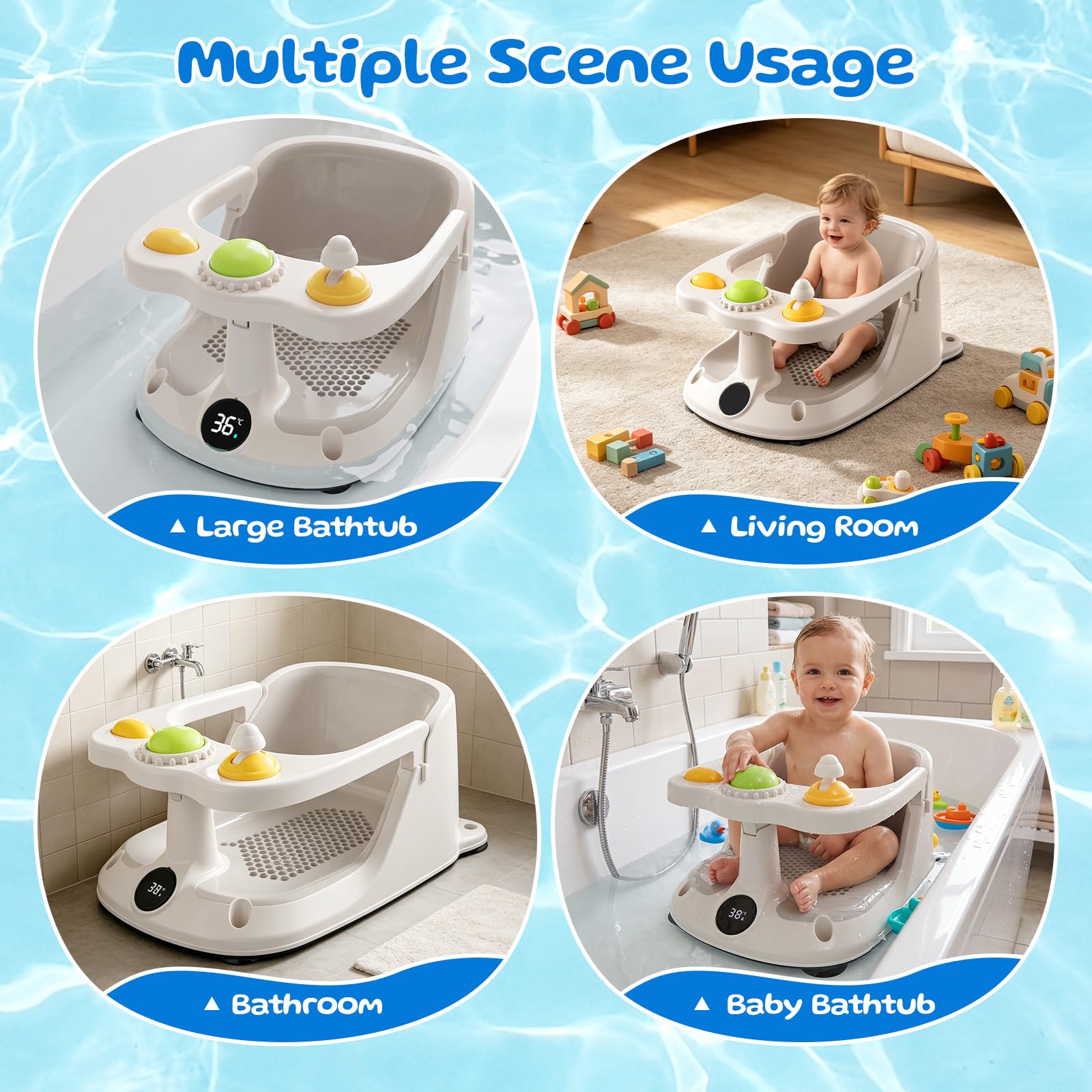 Seggiolino per vasca da bagno per bambini con monitoraggio della temperatura in tempo reale, portatile, con 4 ventose antiscivolo, sedile da bagno per bambini dai 6 mesi in su, design a rete per