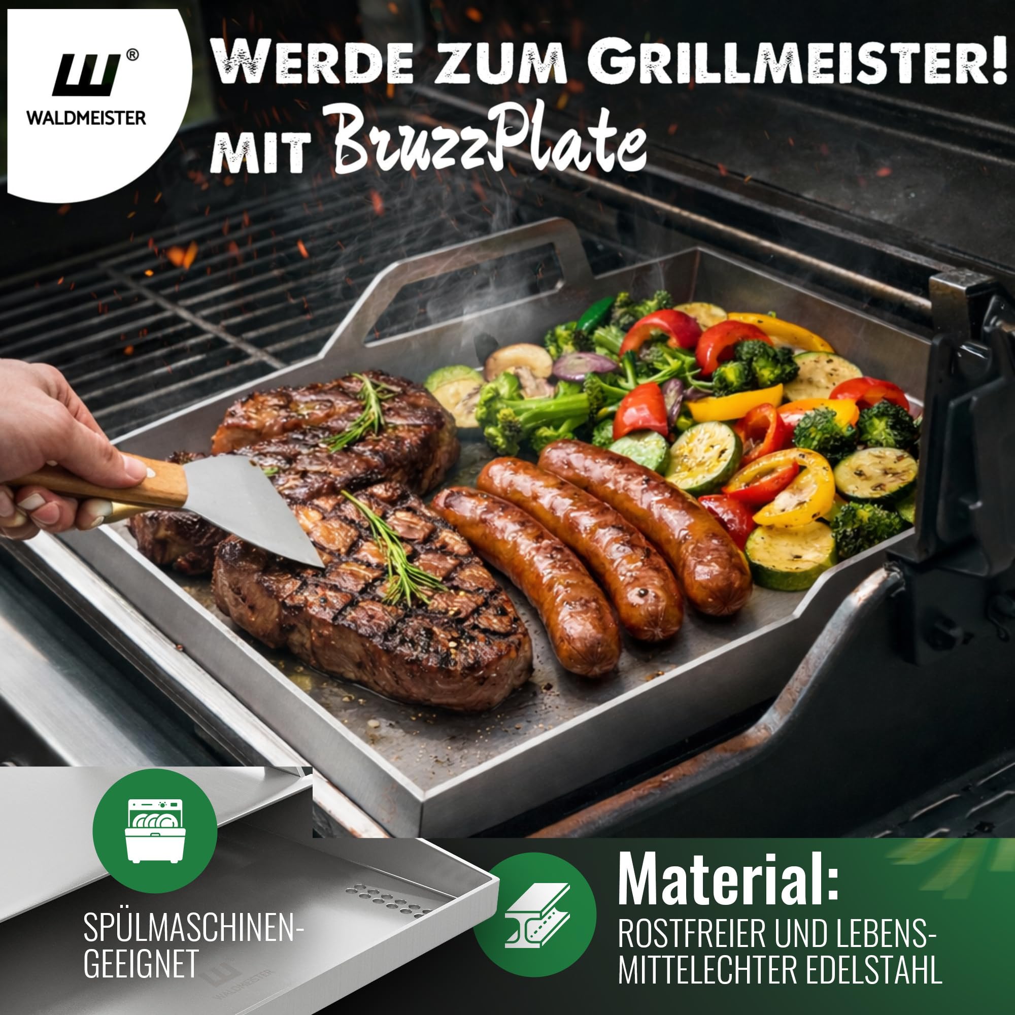 WALDMEISTER Plancha Grillplatte Edelstahl 40x30cm mit Griffen Deckel 2 Grillspachteln Gasgrill Grillzubehör