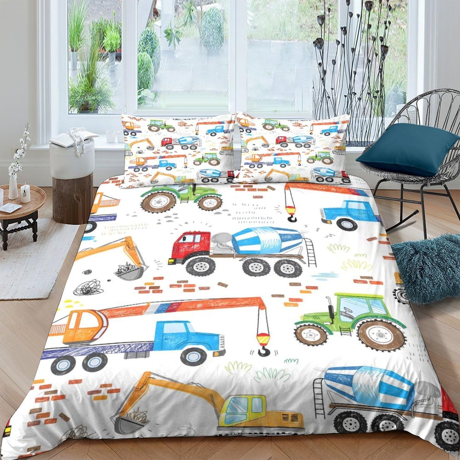 Ctjqhvkz Style-3 3D Printed Construction Trucks Fitted Sheet Microfiber Soft Breathable Excavator Tractor Bed Sheet For Bedroom Guest Room Decor Single（135X200cm）