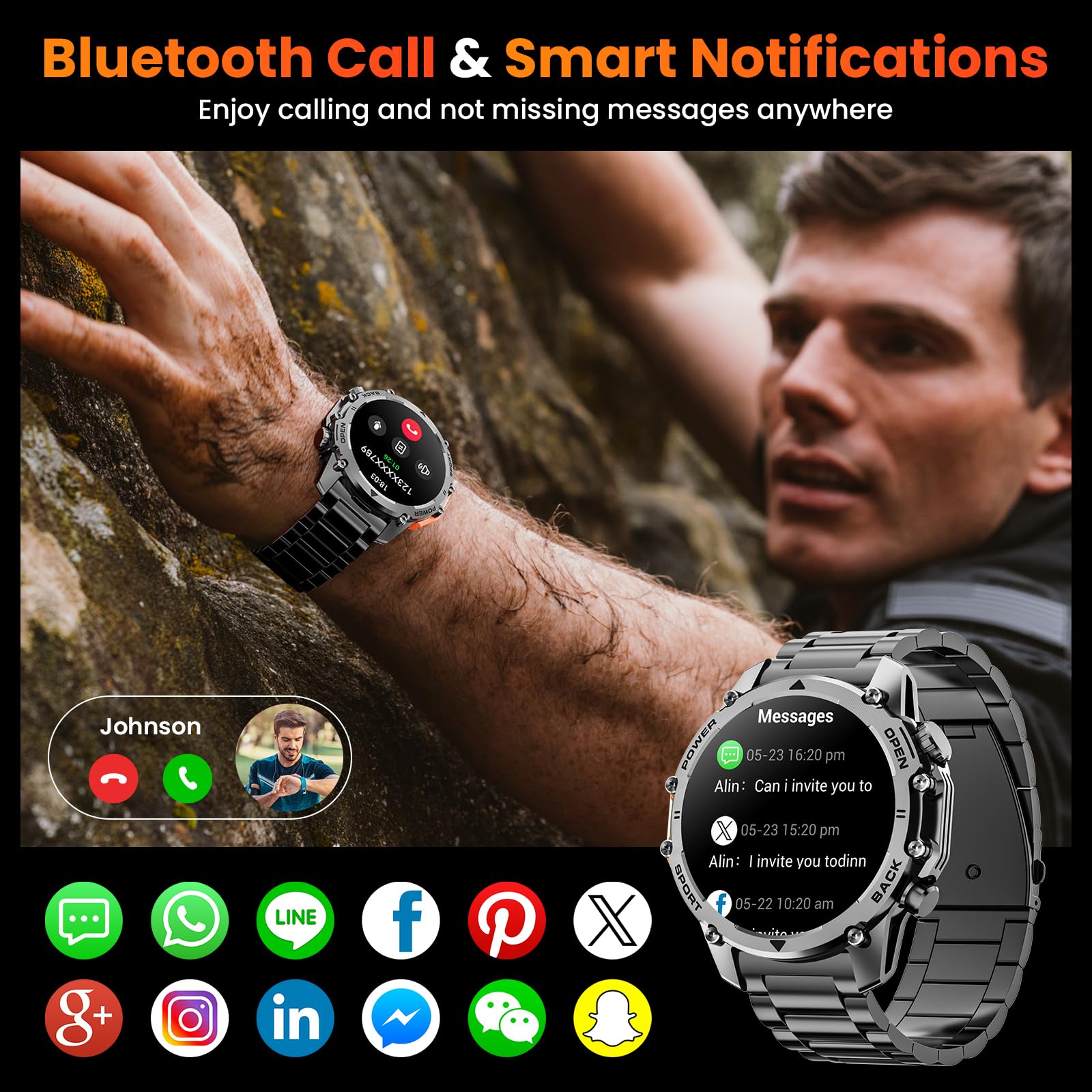 Hwagol Smart Watches for Men(Two Style Kits) Military Watch for Men with Heart Rate/Sleep Monitor/Calls/Notifications/100+ Sport Modes,1.52''HD DIY Screen Waterproof Step Tracker Sports Watch