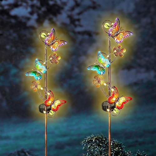 Miniatura 1 de Luces solares de jardín, paquete de 2 luces de estaca de mariposa al aire libre, impermeables, luces solares decorativas de paisaje para camino,