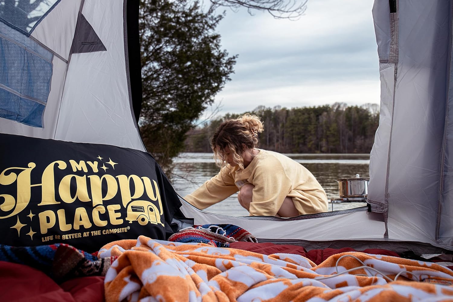 Camco Life is Better at The Campsite Bed Sheet Set | for RV King-Size Beds | Made Entirely of Polyester & Machine Washable | Features a Red Plaid My Happy Place Vintage-Inspired Look (53118)