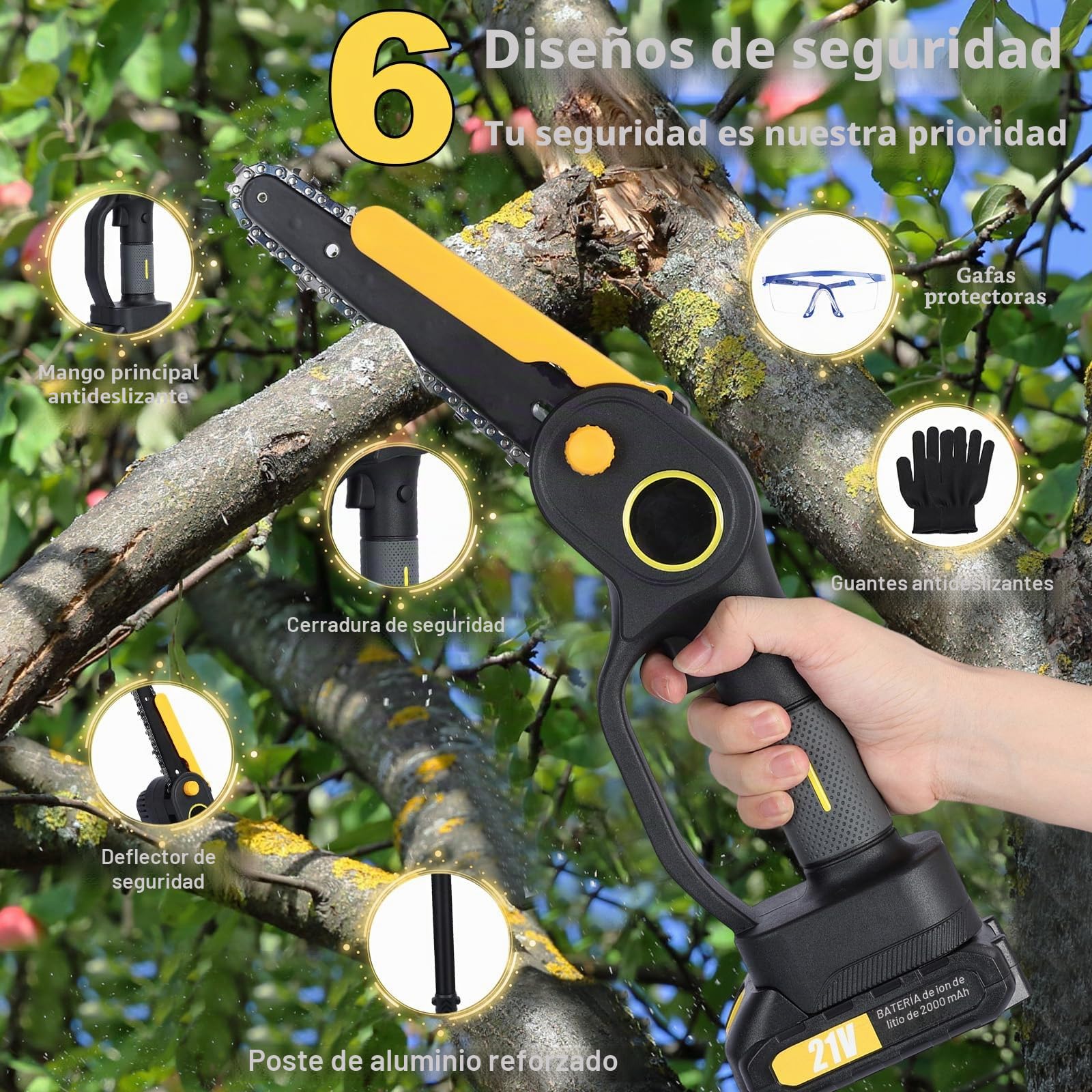 Podadora eléctrica 2 en 1 y motosierra eléctrica de 6 pulgadas, con batería, 2 x 2000 mAh, motor sin escobillas, sierra de podar telescópica, con mango telescópico de hasta 3,5 m de altura