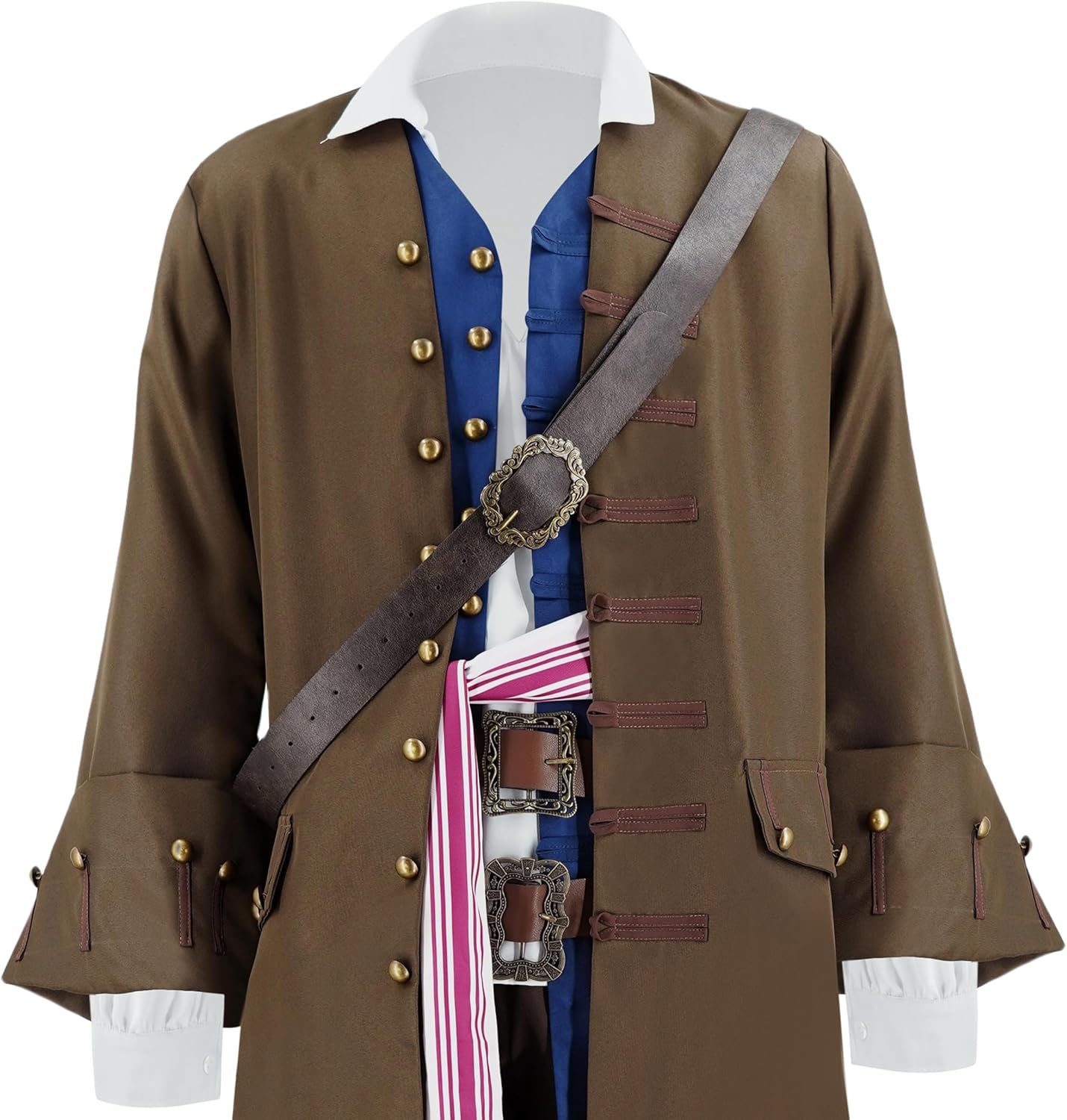 Men Pirate Costume Jack Sparrow Coat Vest Sash Pants Belt Goatee Beads Halloween Renaissance Party Outfit Brown - Image 2