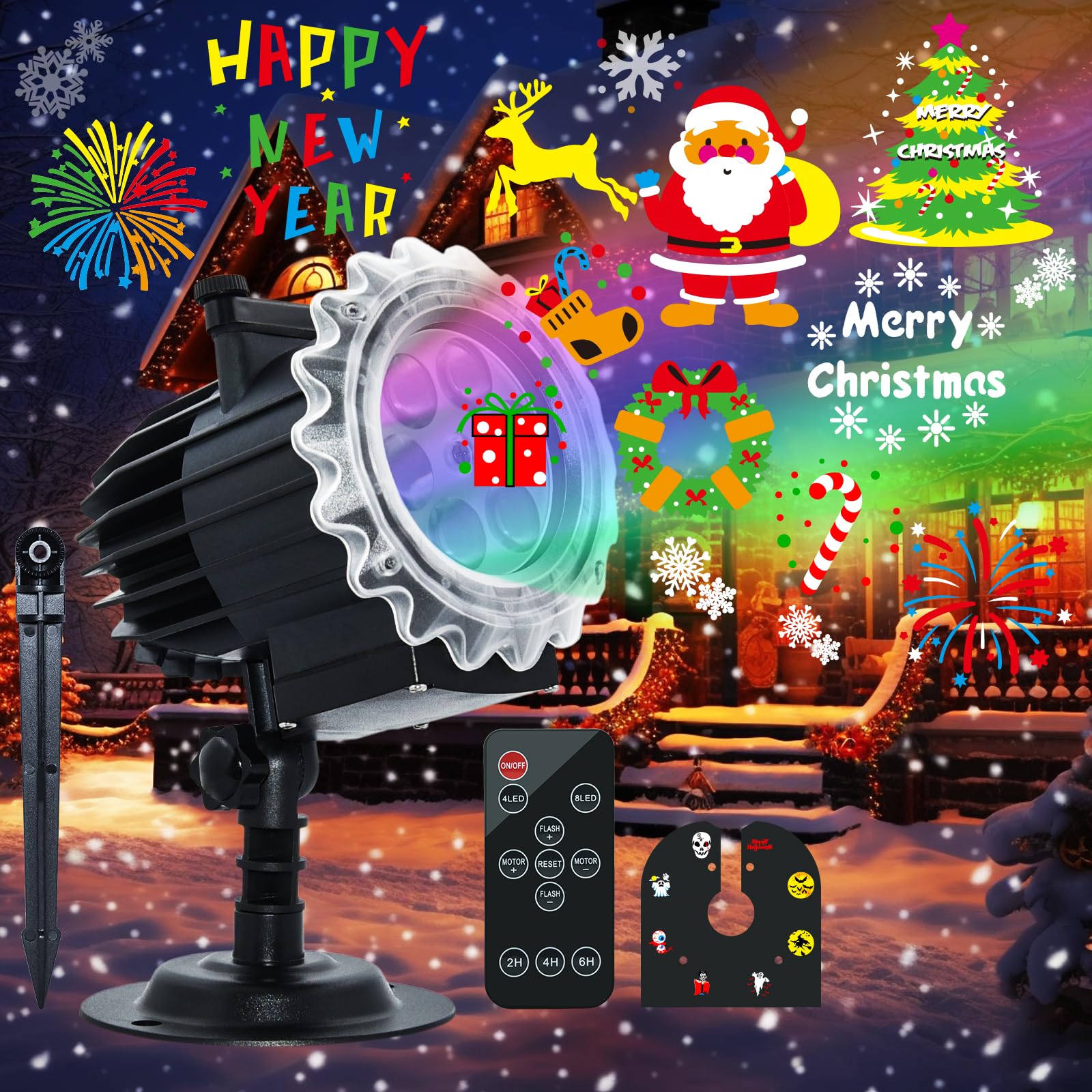MOSSNDAR Proiettore Natale Esterno, Nuovo Proiettore Natale ad Alta Luminosità All'aperto, 96 Pattern 10 Festival Tema Impermeabile Proiettore Luci con Telecomando Timer, Proiettore Fiocchi di Neve
