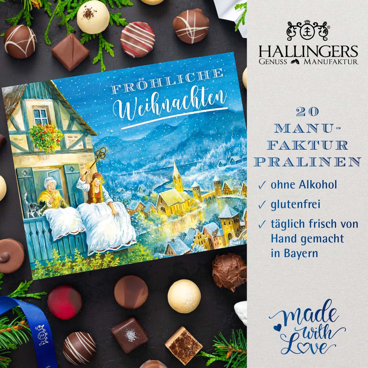Hallingers Genuss Manufaktur Pralinen Weihnachts-Geschenk - ohne Alkohol, handmade aus Confiserie-Edelkakao in wertiger XL-Geschenkbox "Fröhliche Weihn...", Weihnachten für Frauen Männer