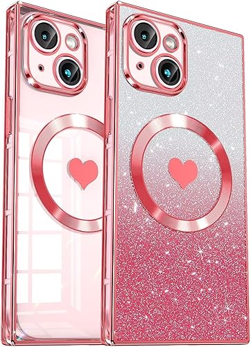Funda magnética cuadrada para iPhone 15 Plus compatible con MagSafe protección completa de la lente, patrón de corazón lindo y cubierta brillante